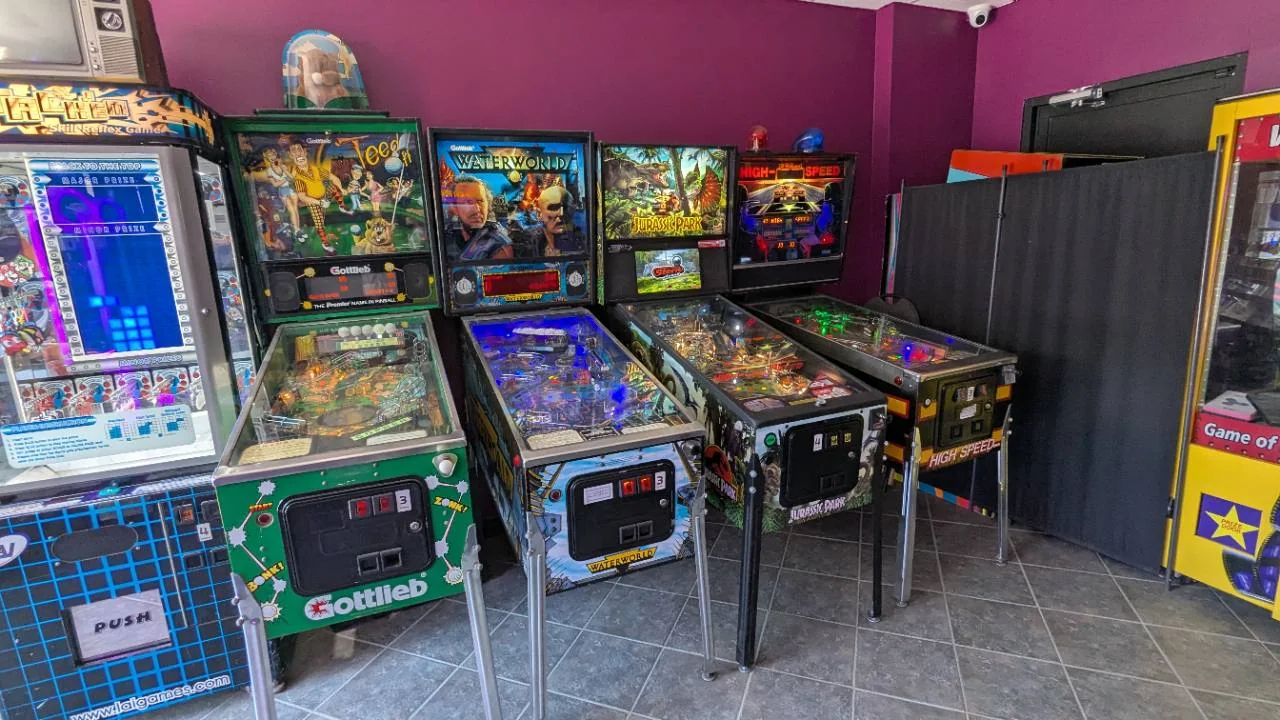 Tee'd Off, Waterworld, Jurassic Park, and High Speed pinball machines at Pixel Paradise Angus