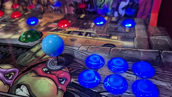 Blue player-two joystick and LED buttons on the TMNT deck