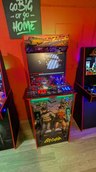 Finished Arcade Memories cabinet with its screen and accent lighting on