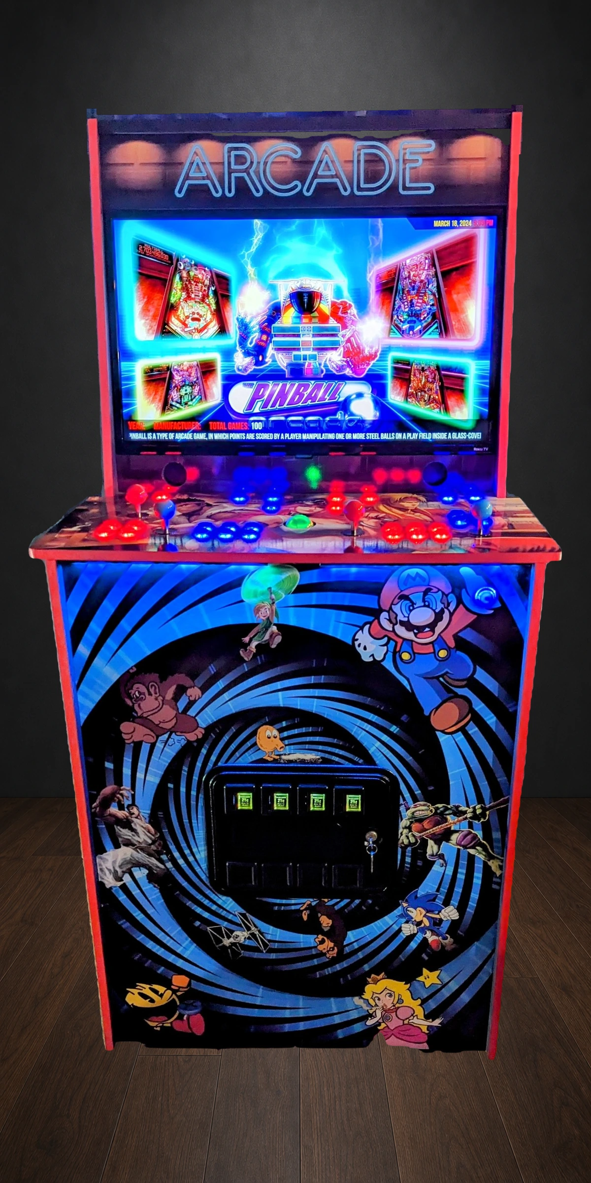Finished four-player arcade pinball karaoke machine with real coin door
