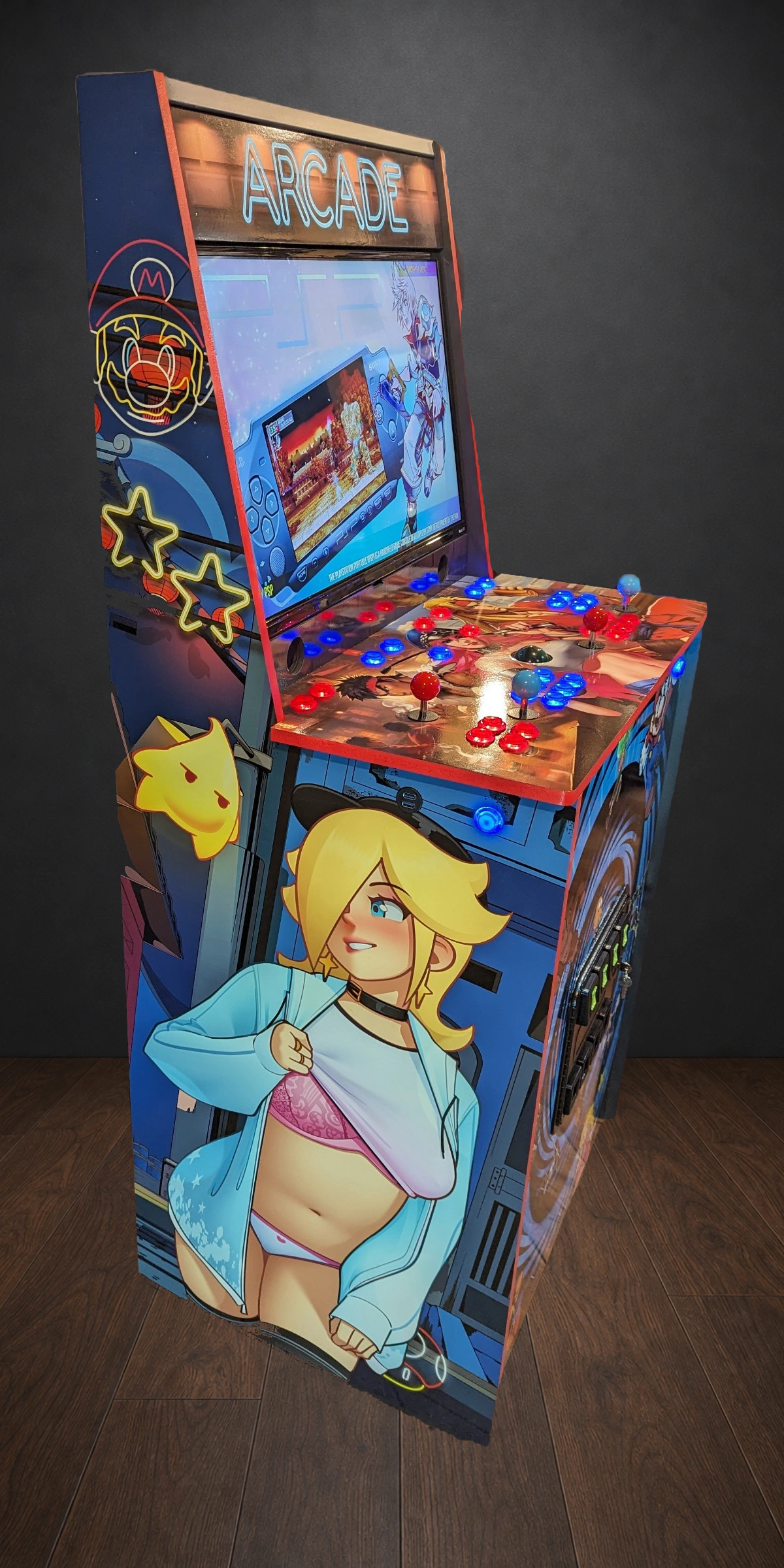 Left side of the arcade pinball karaoke cabinet with illuminated Mario artwork