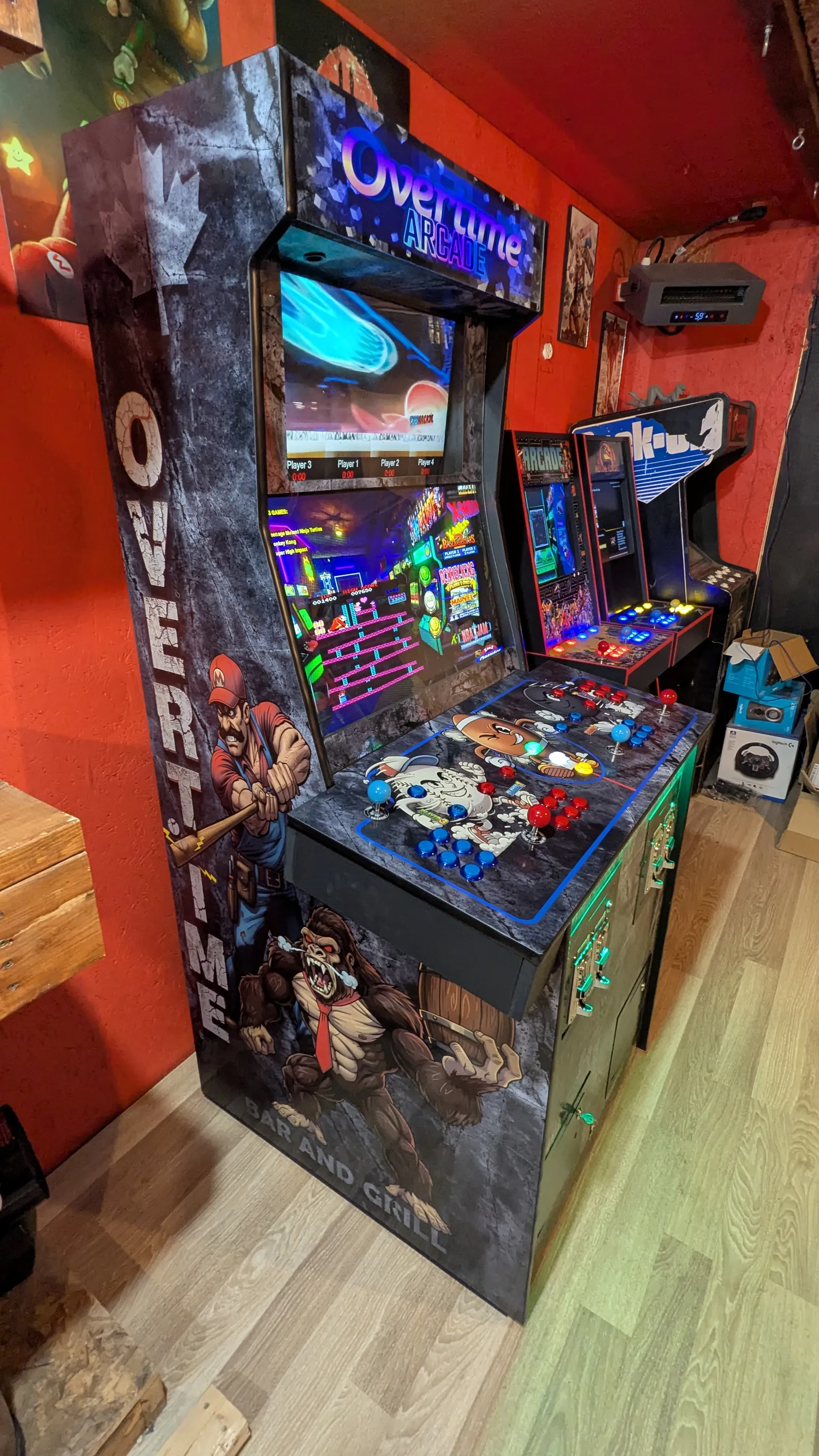 Commercial dual-screen arcade machine with public-use cabinet and dual display setup
