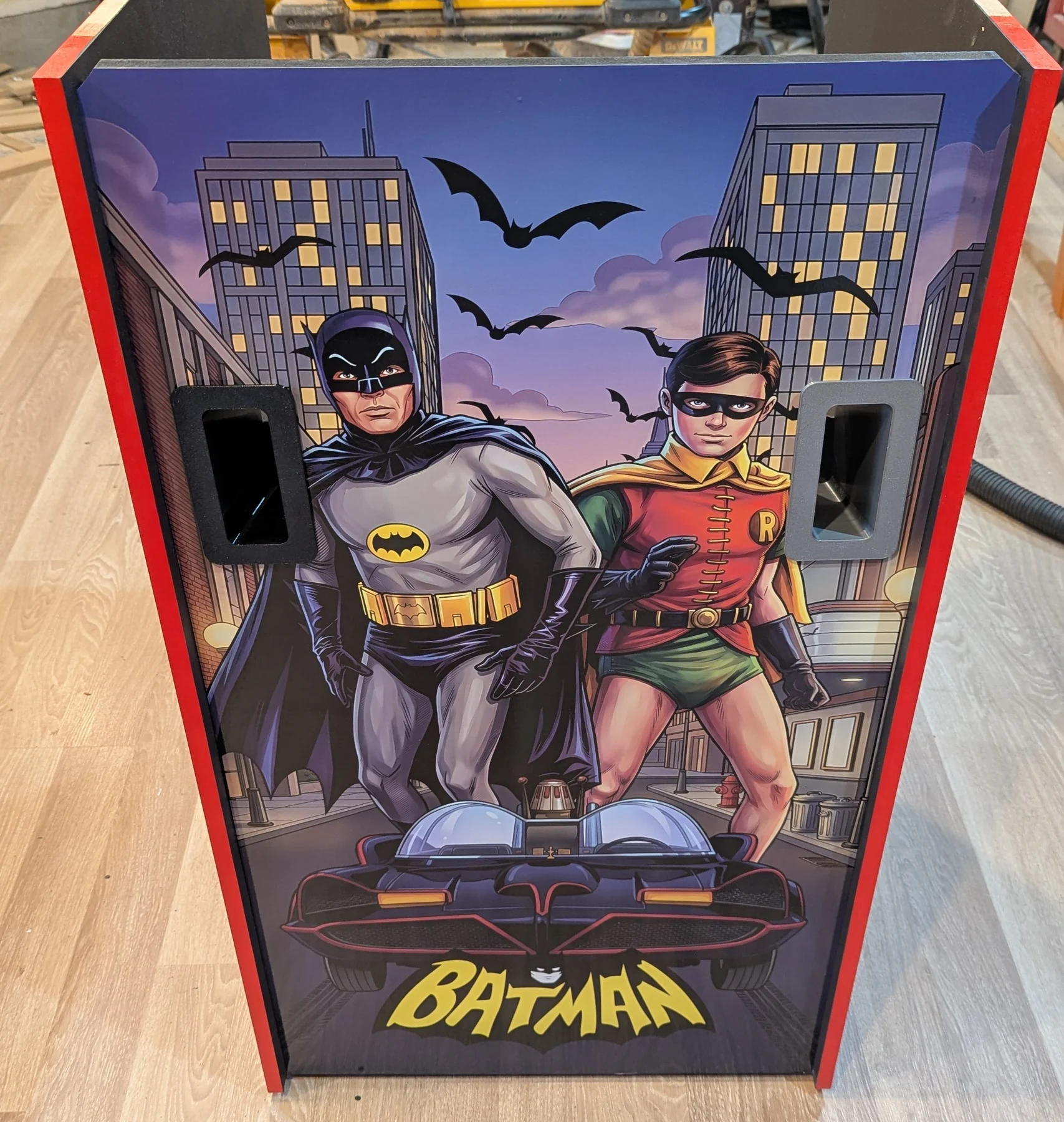 Adam West-era Batman and Robin front kickplate with the classic Batmobile and installed light-gun holsters