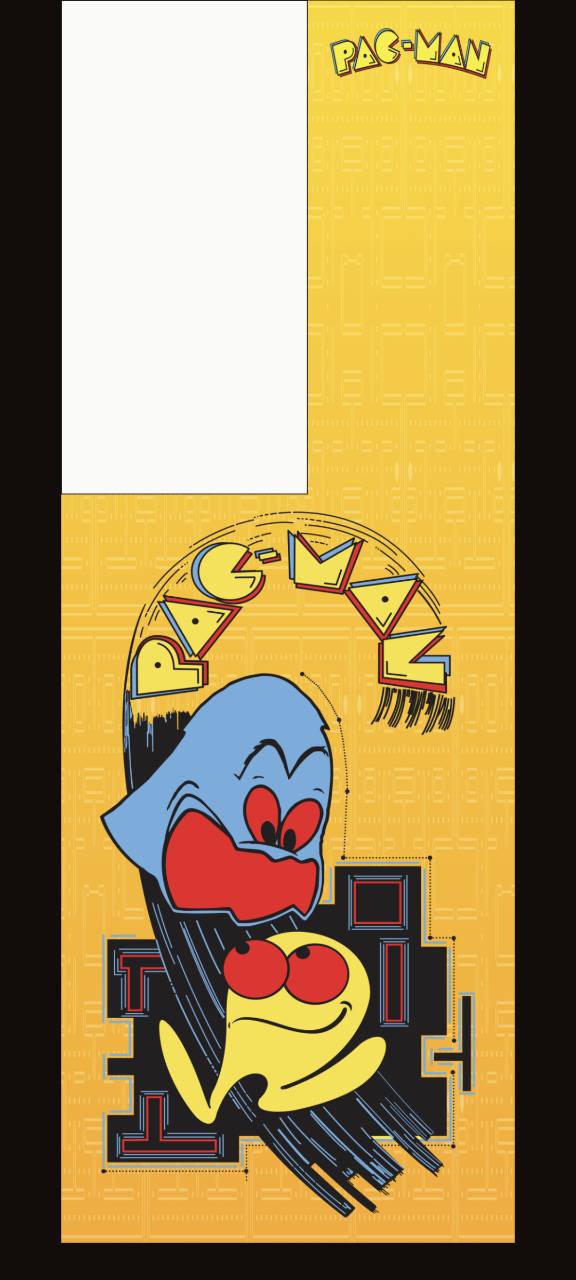 Bright yellow Pac-Man and ghost artwork preview for an incoming classic arcade machine build