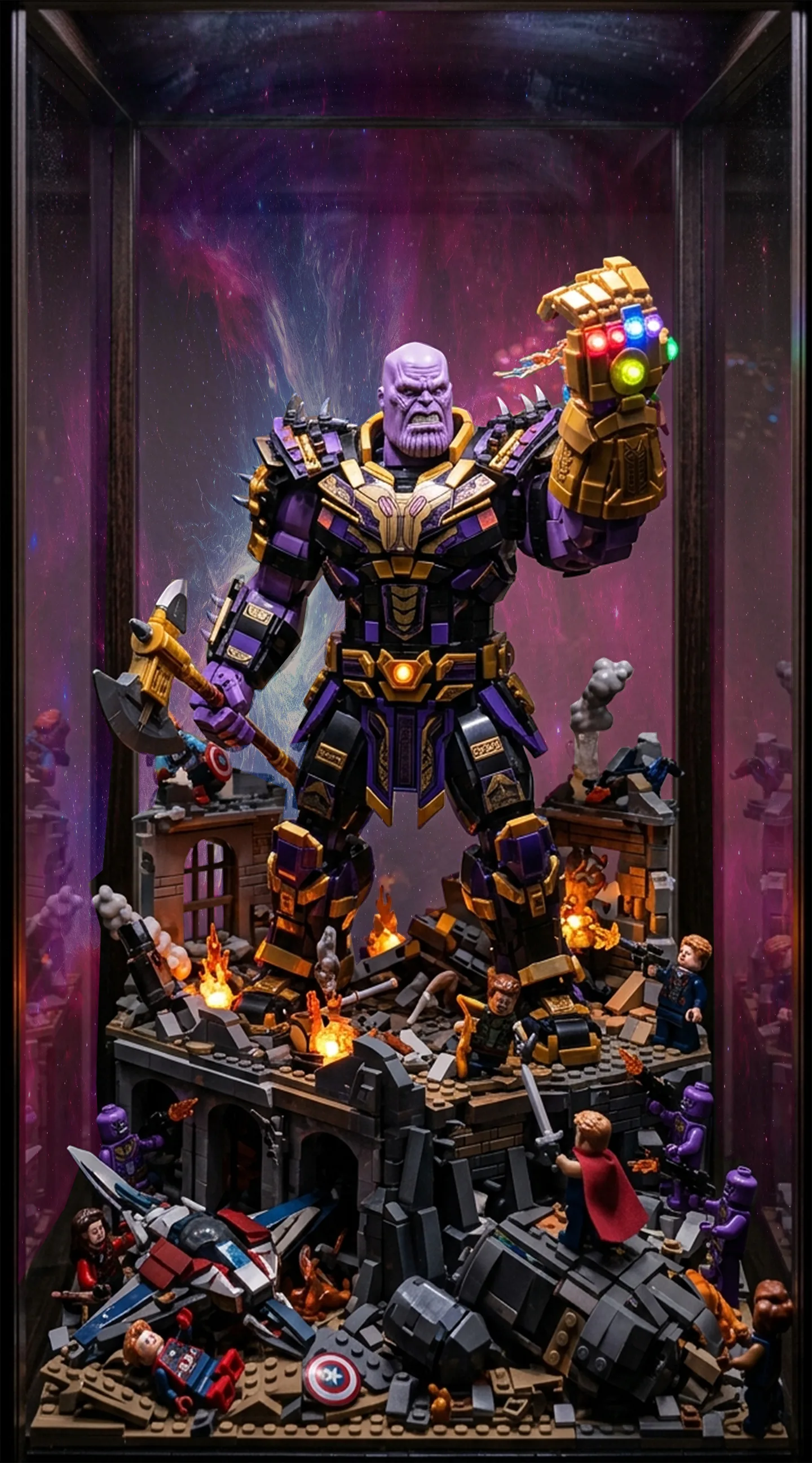 LEGO Marvel Avengers themed side art featuring Thanos with the Infinity Gauntlet, used as a teaser for an upcoming custom pedestal arcade build.