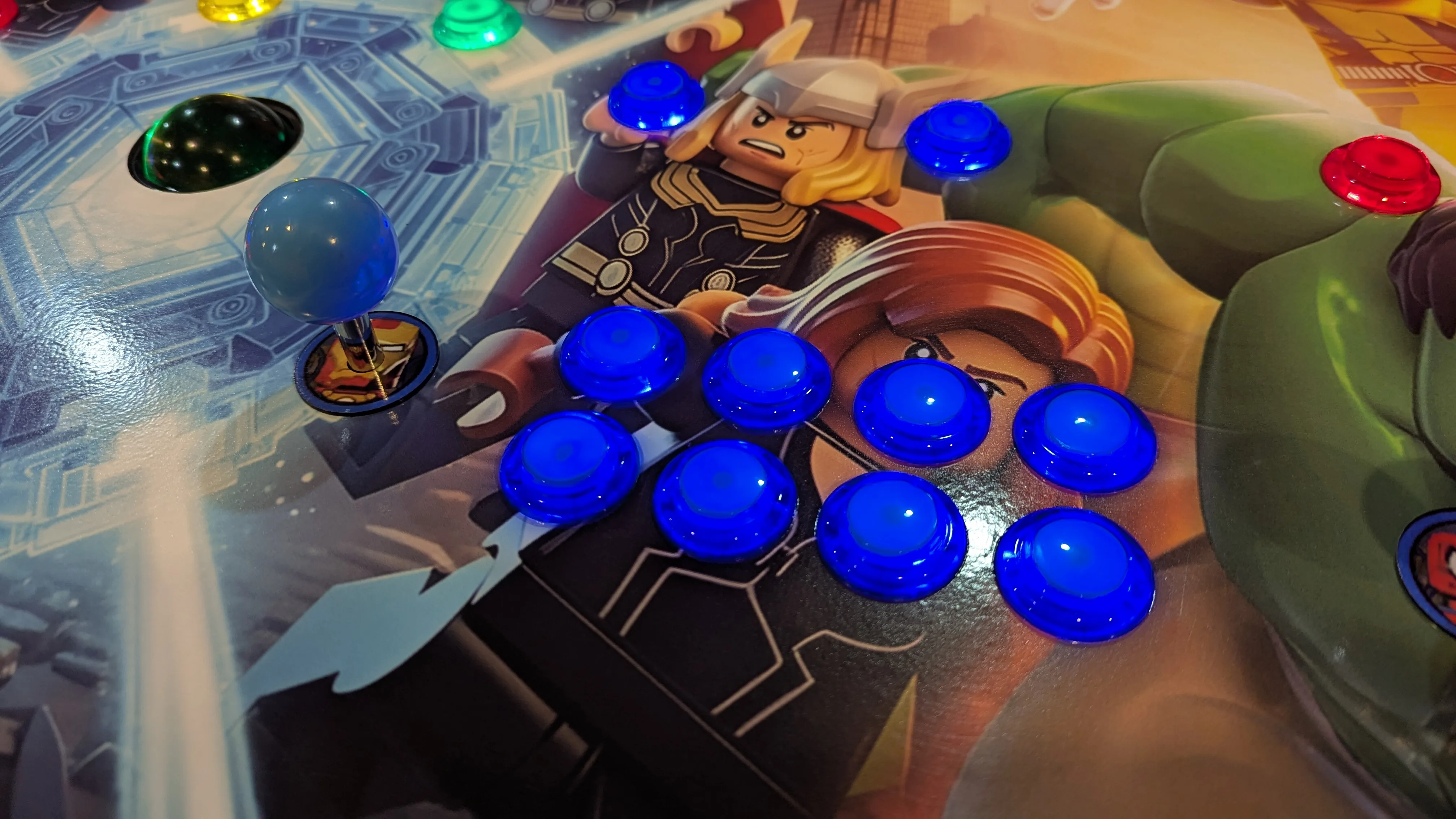 Close-up of Thor and Black Widow control area with blue LED buttons