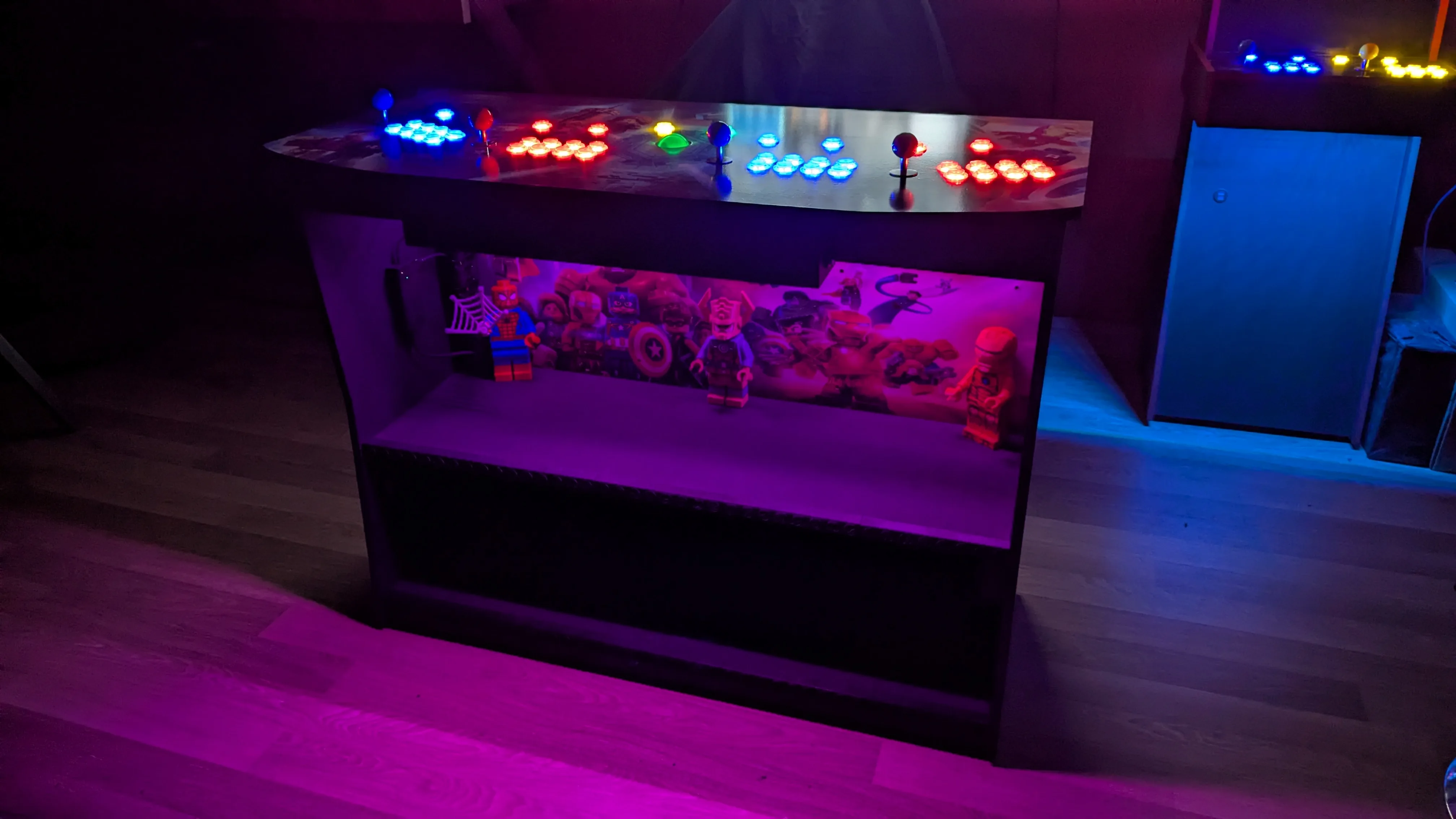 Finished LEGO Marvel Avengers pedestal with purple display lighting