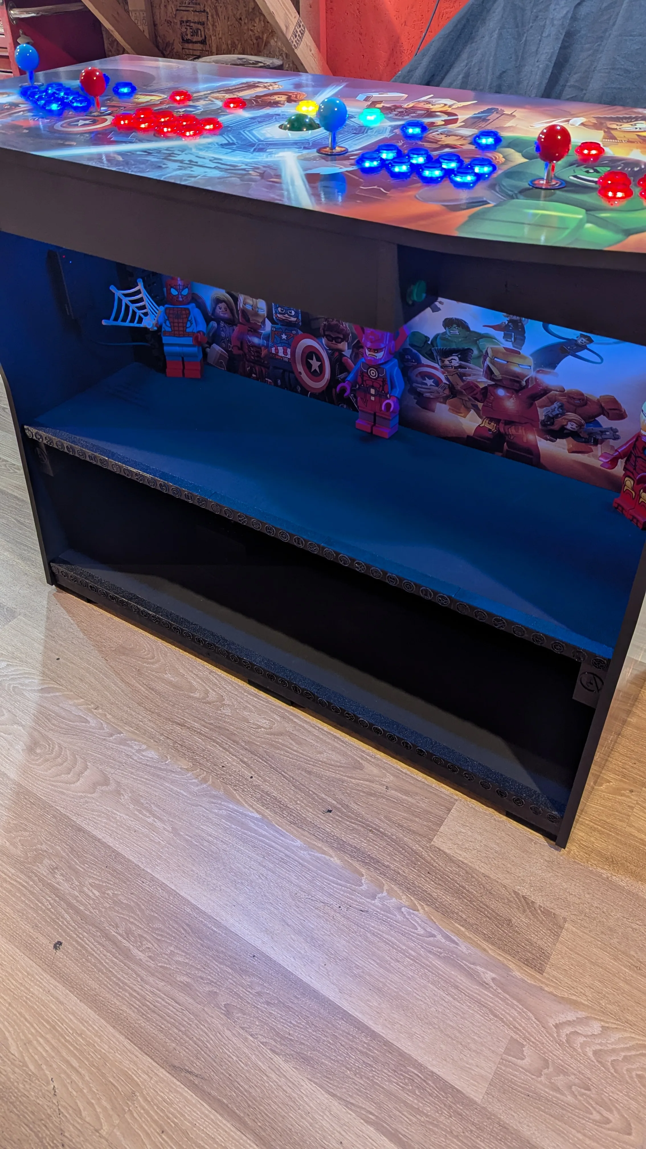 Finished LEGO Marvel Avengers pedestal display shelf and illuminated control panel