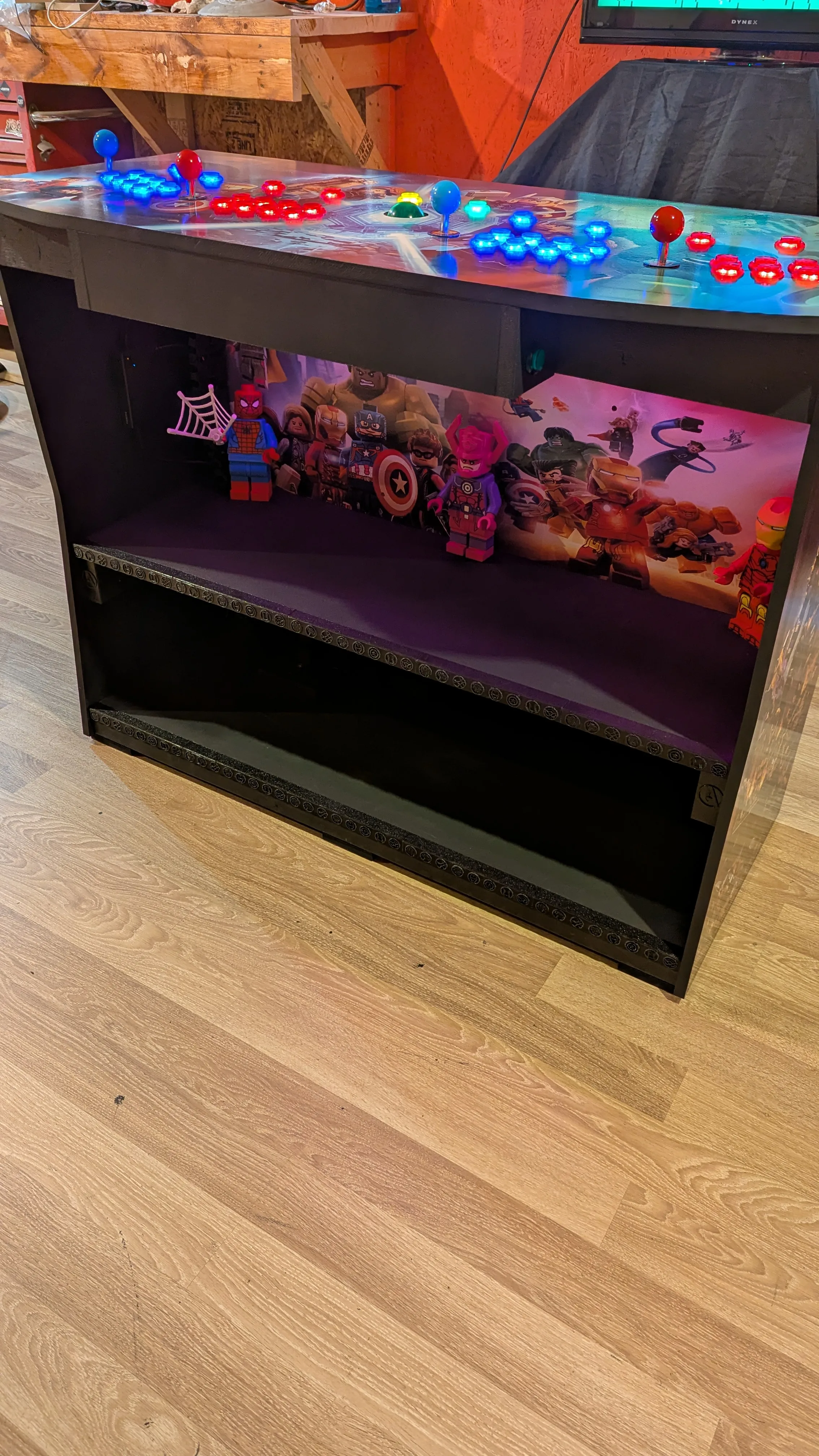 Finished LEGO Marvel Avengers pedestal arcade machine front display shelf and lit controls