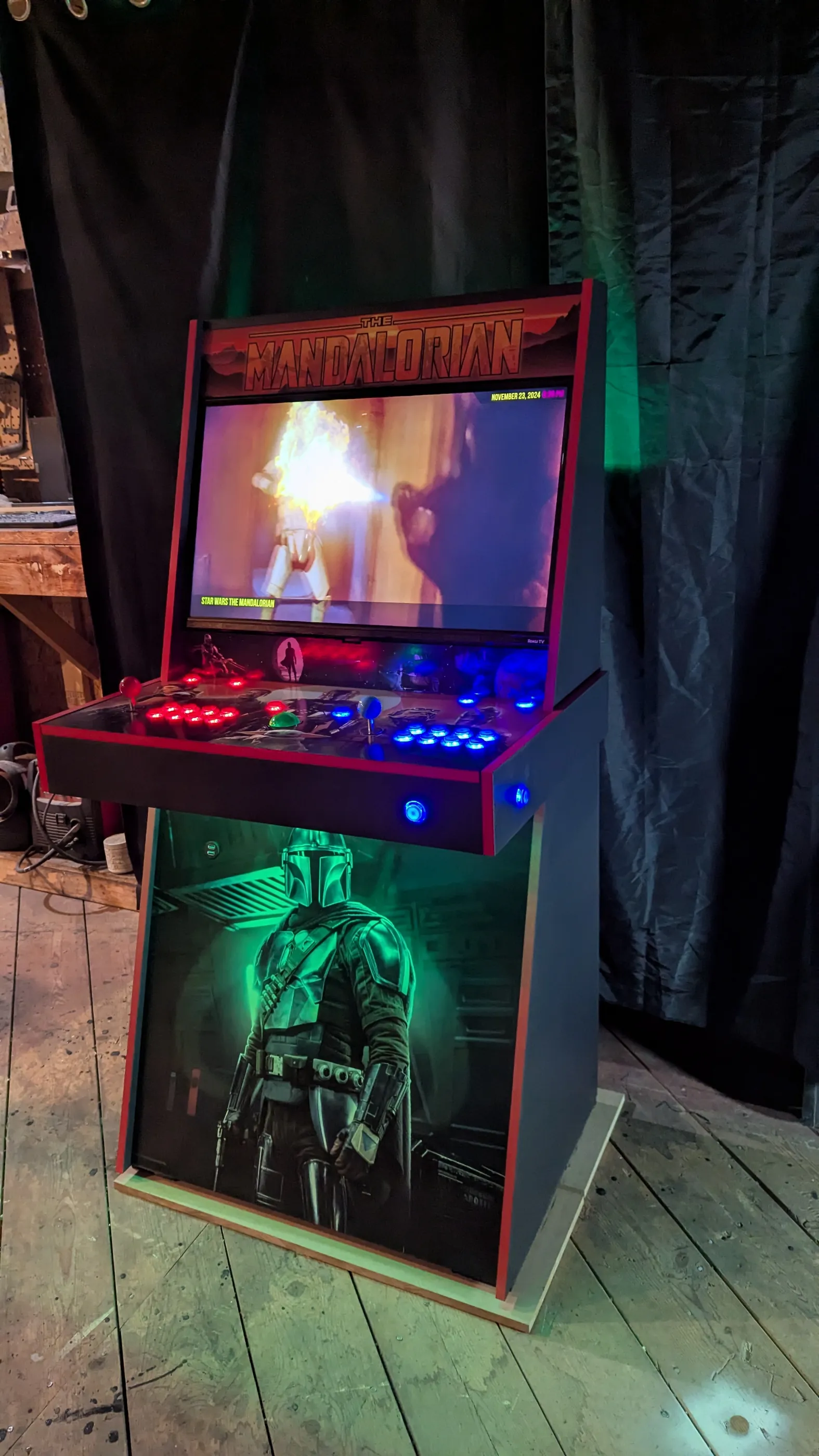 Finished Mandalorian custom arcade machine with illuminated controls and front artwork