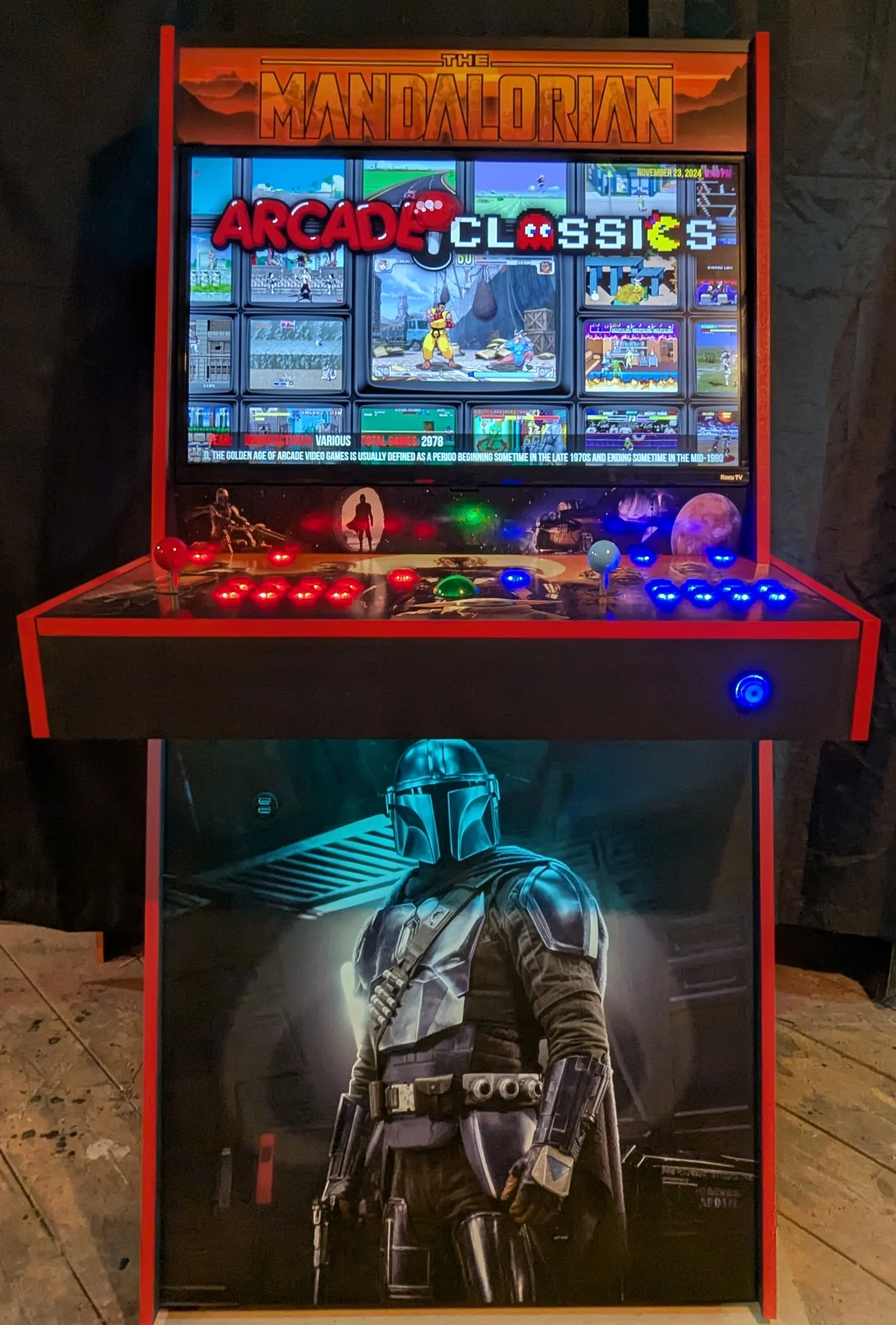 Front view of the finished Mandalorian custom arcade machine running the Arcade Classics front end