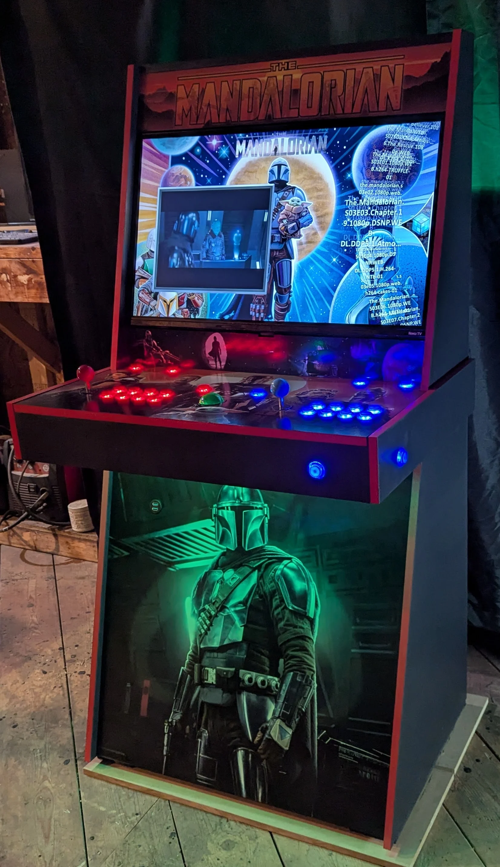 Mandalorian arcade machine using the 32-inch Roku display for streaming