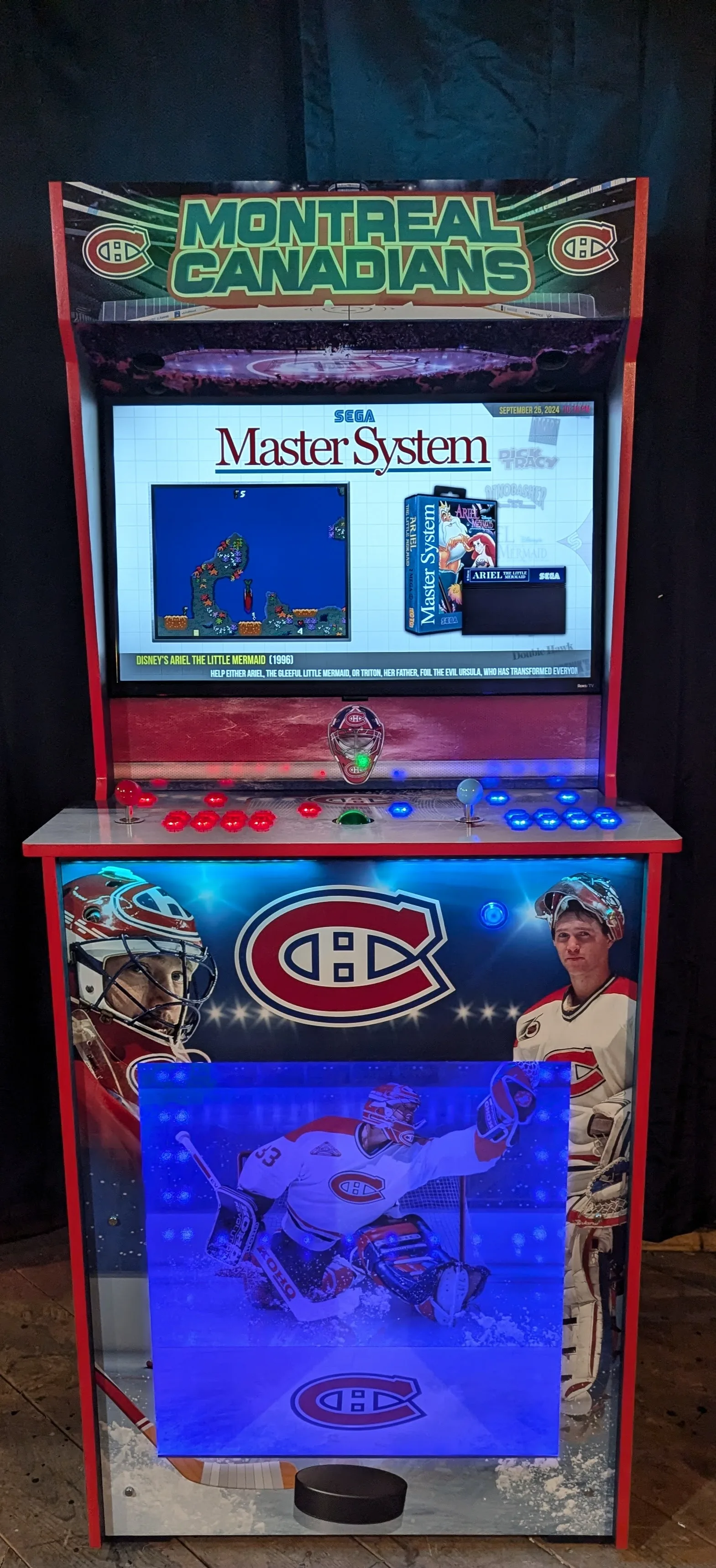 Front view of the finished Montreal Canadiens custom arcade machine
