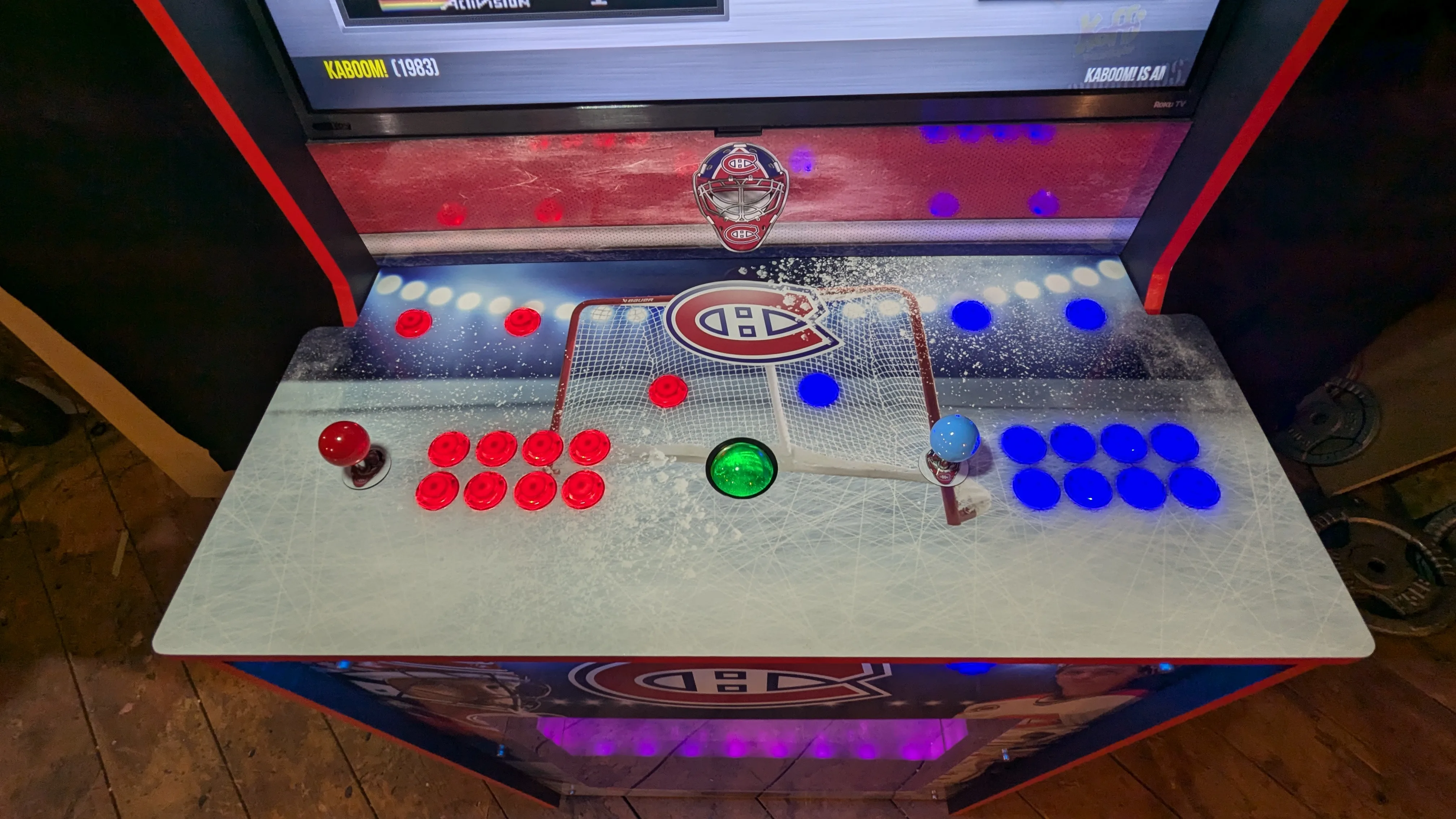 Montreal Canadiens arcade control panel with illuminated controls and trackball