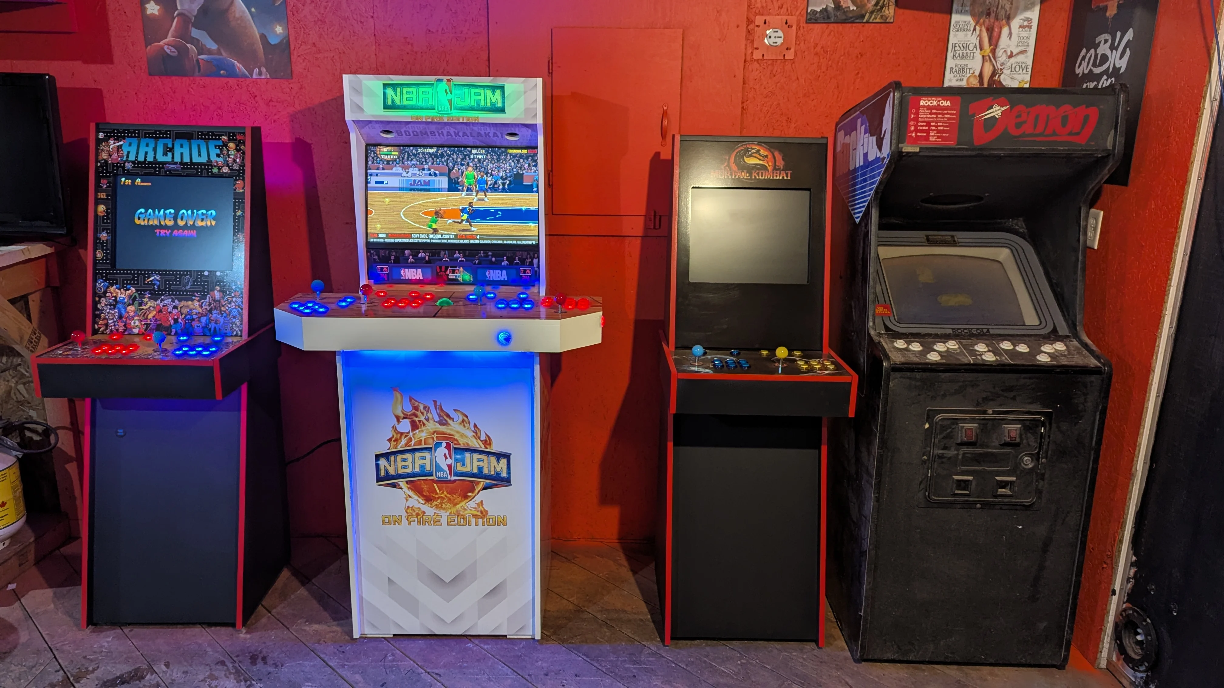 NBA Jam cabinet in a lineup of custom and classic arcade machines