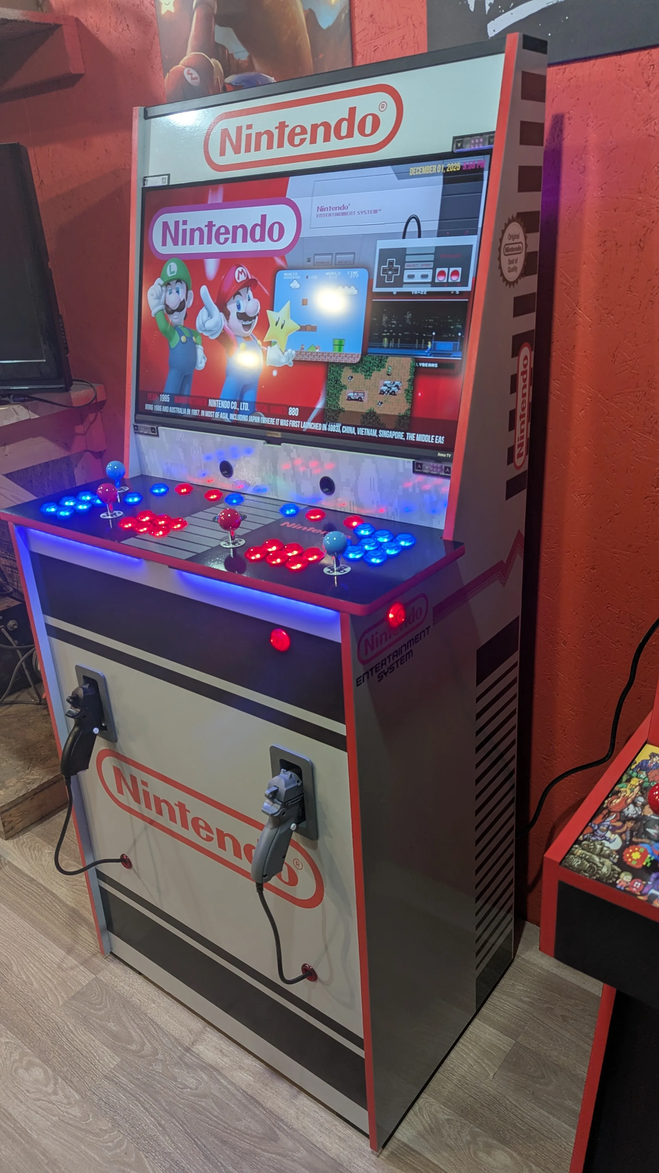 NES themed arcade machine side art and full cabinet view
