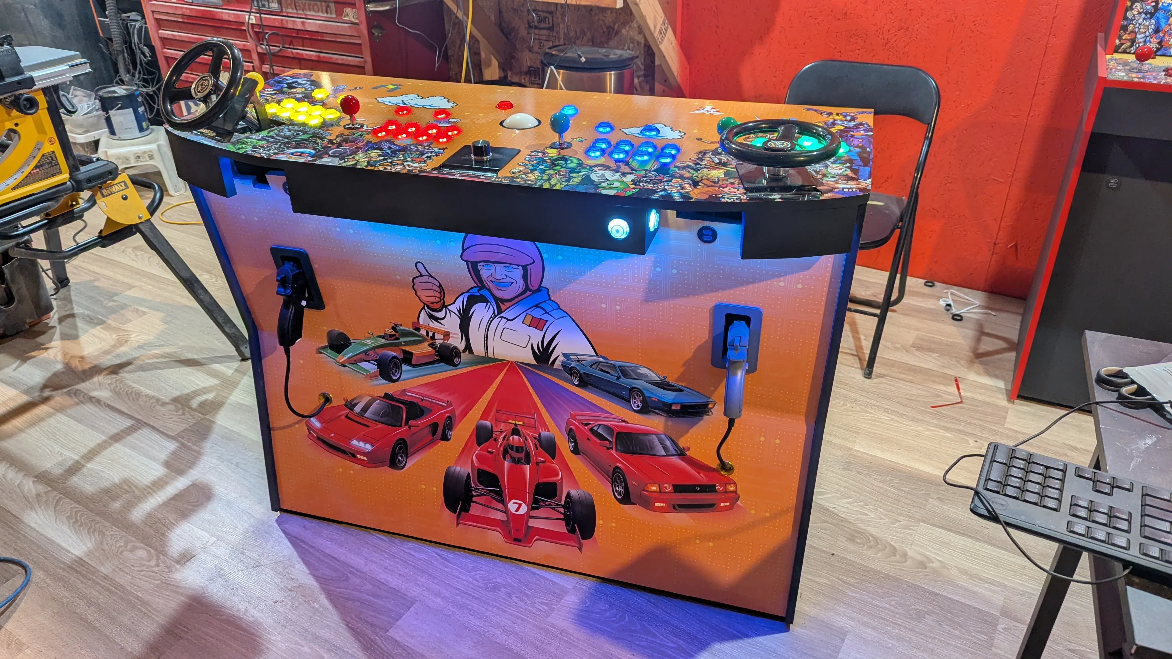 Custom pedestal arcade machine with racing light gun pinball and trackball controls