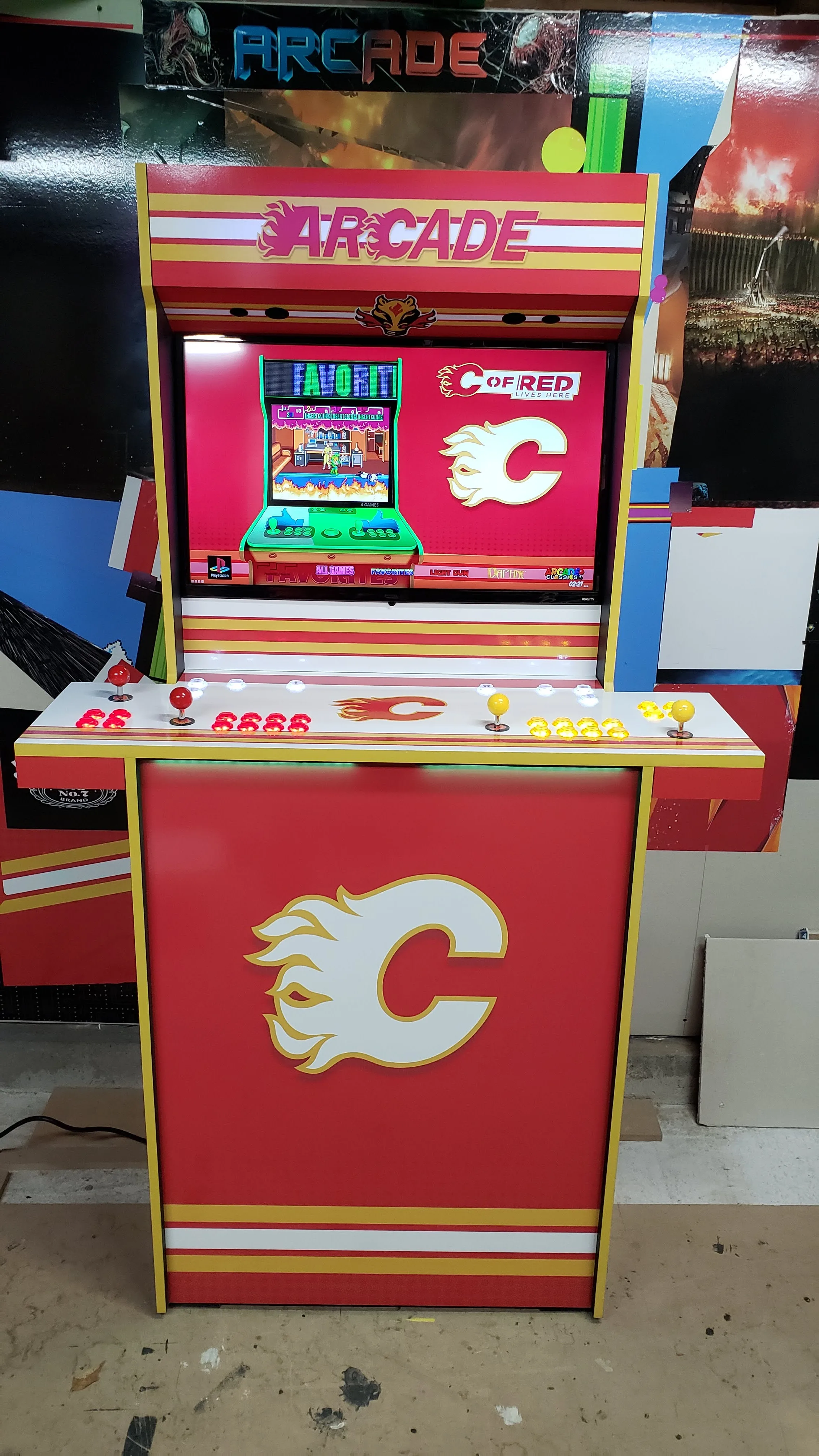 Front view of the Calgary Flames Epic arcade with four-player controls