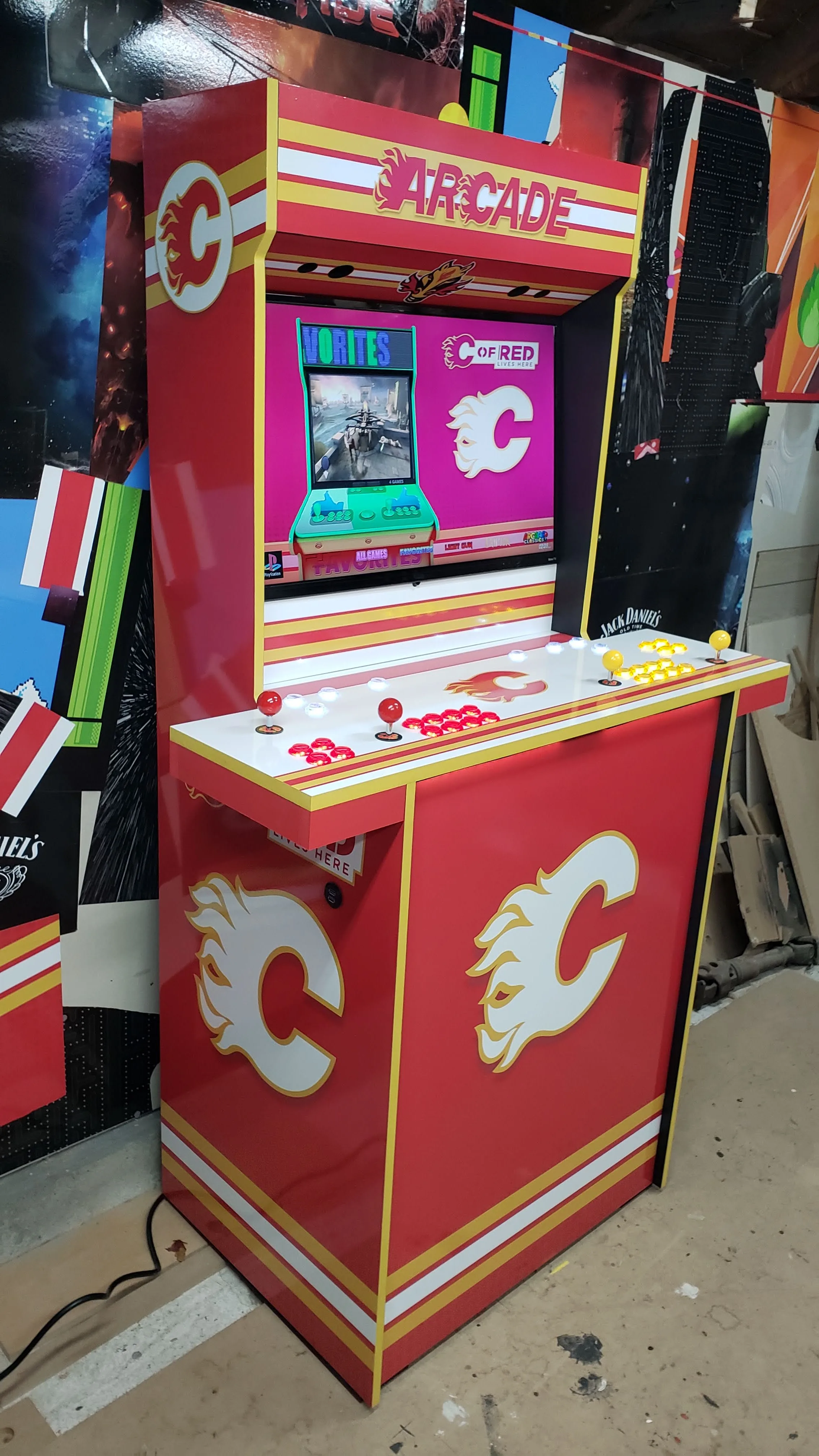 Angled view of the Calgary Flames Epic cabinet and illuminated deck
