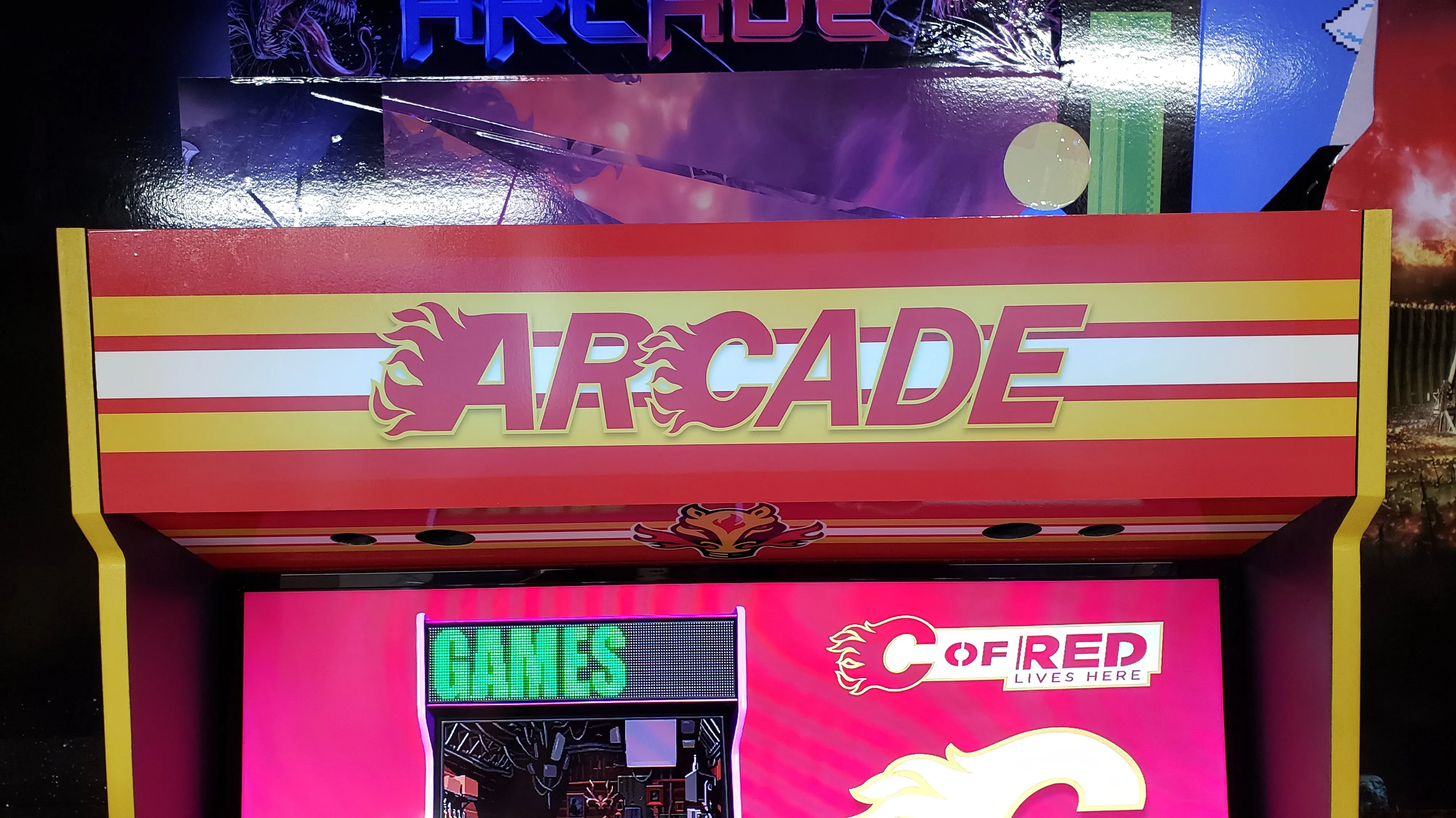 Calgary Flames themed Arcade marquee and screen detail