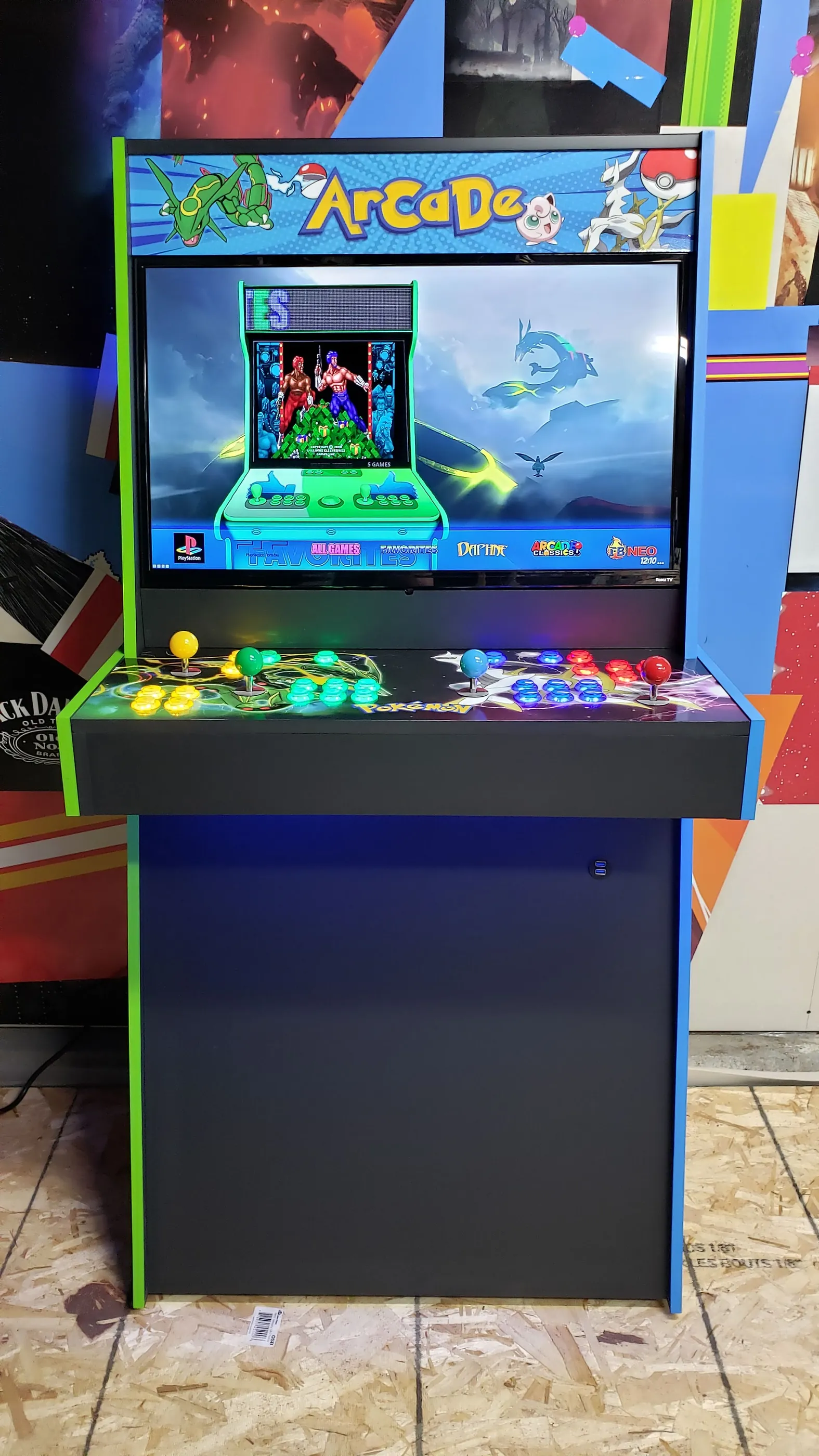 Front view of the Pokémon Go Big or Go Home arcade with four-player controls