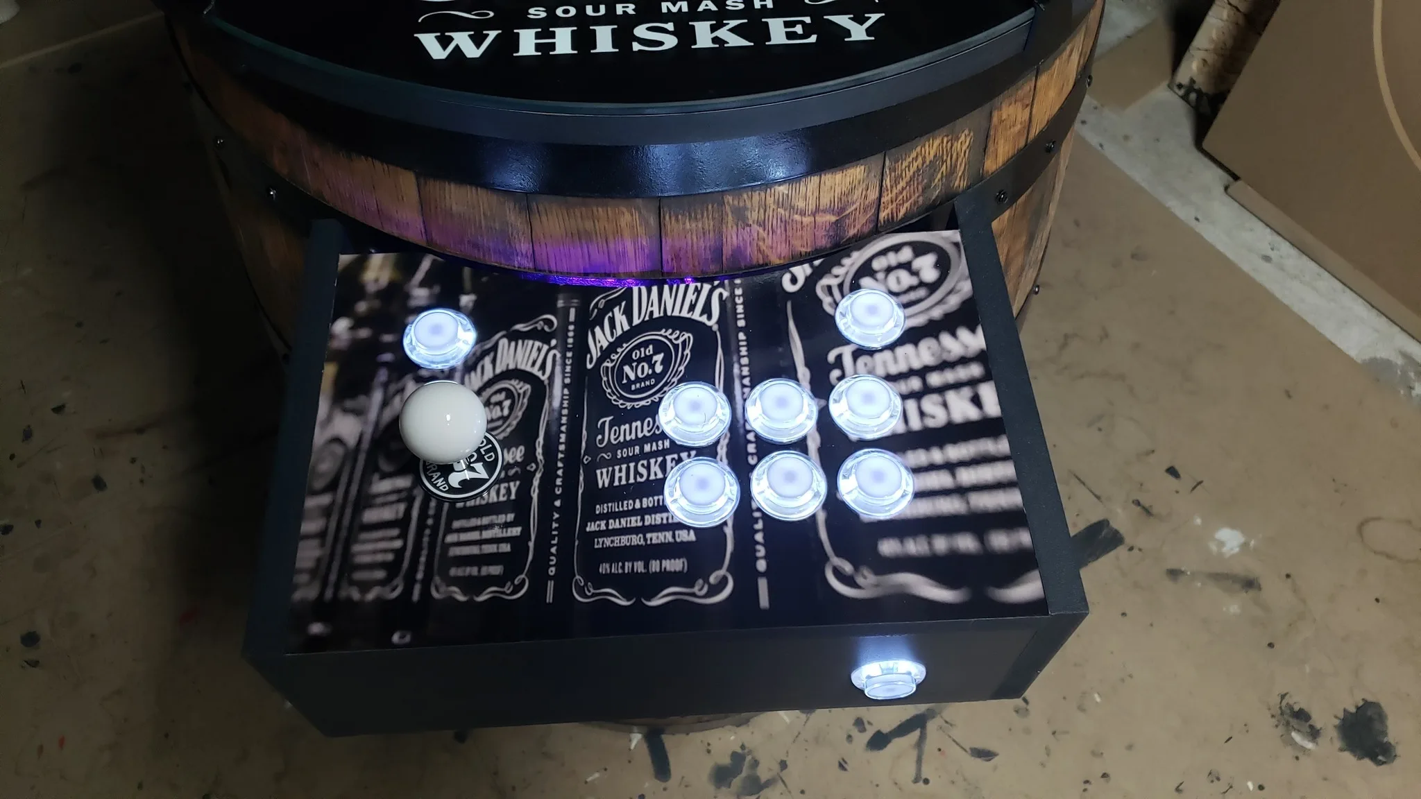 Whiskey barrel arcade tabletop joystick and button layout