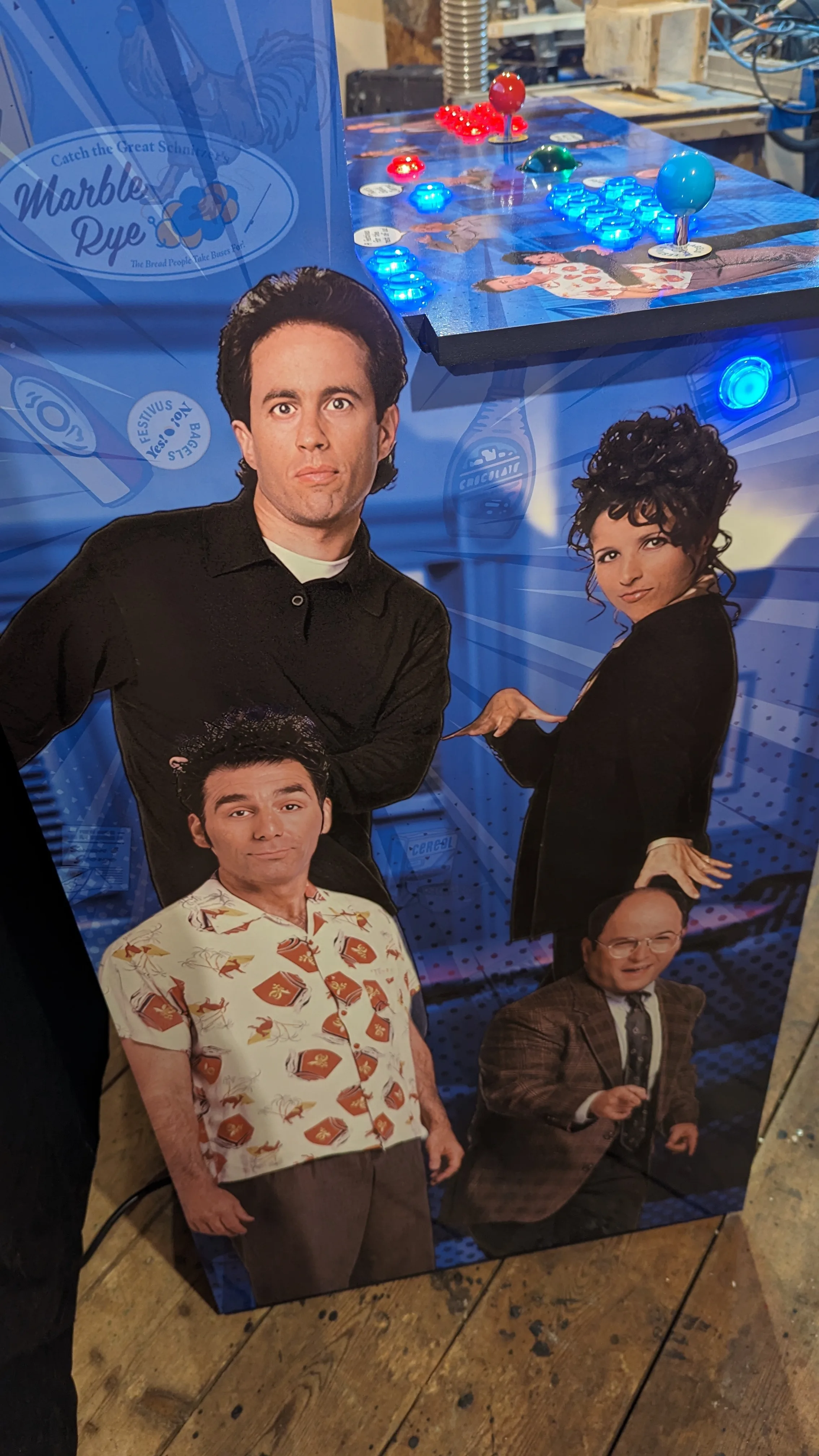 Left-side Seinfeld custom arcade cabinet artwork featuring the main characters