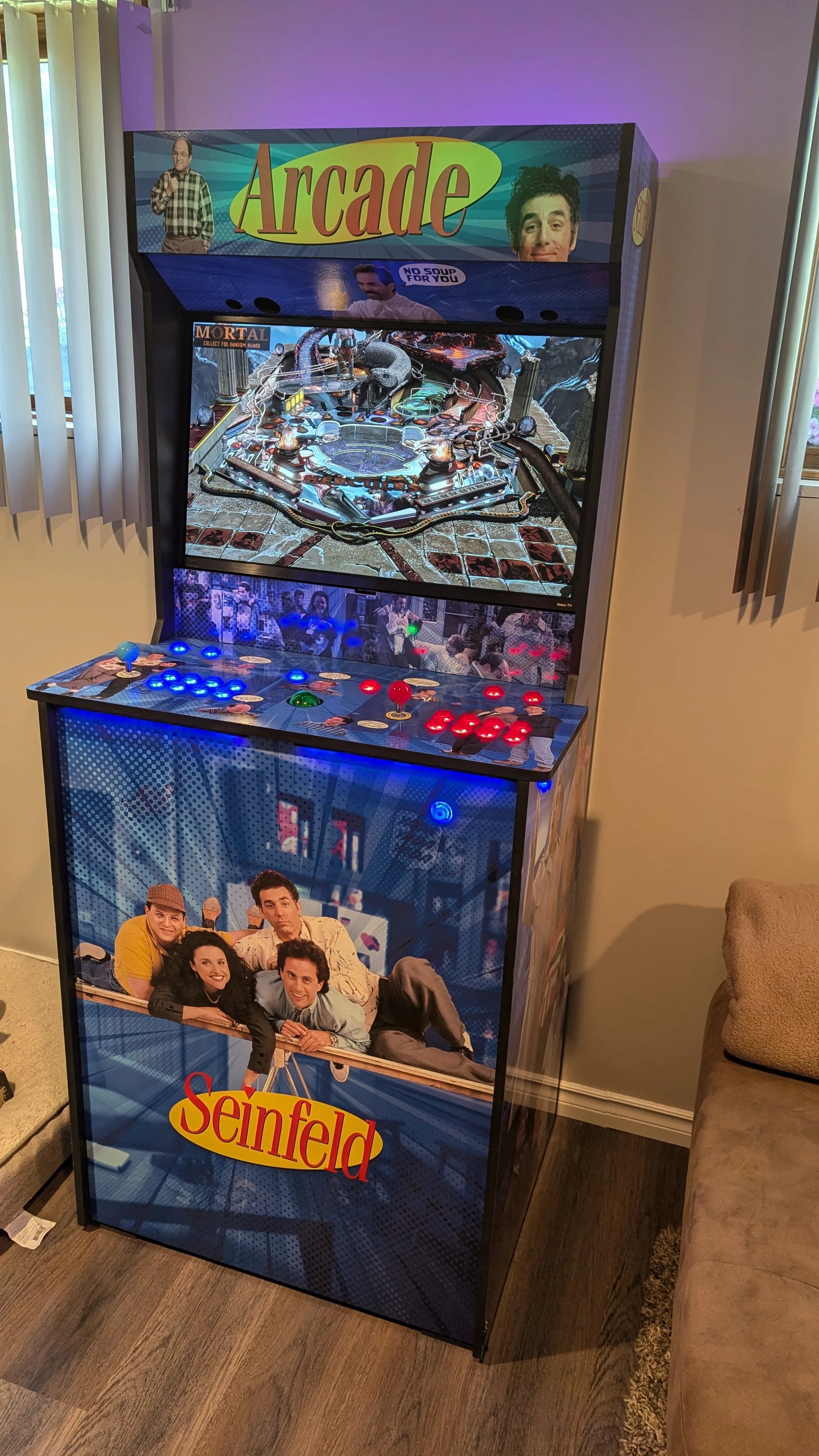 Finished Seinfeld Epic custom arcade machine in a home game room