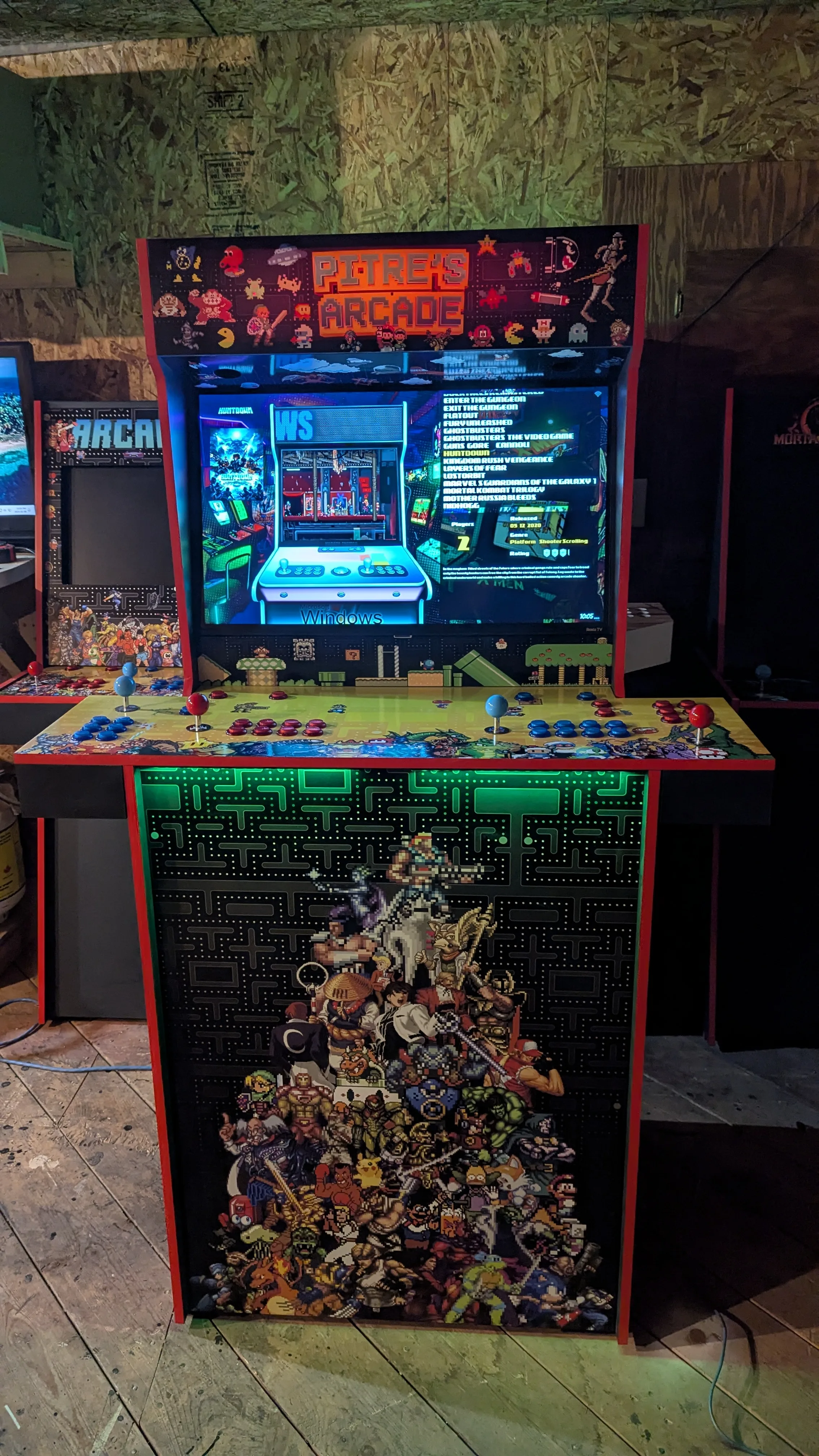 Front view of the Pixel Edition Epic arcade machine with illuminated kickplate