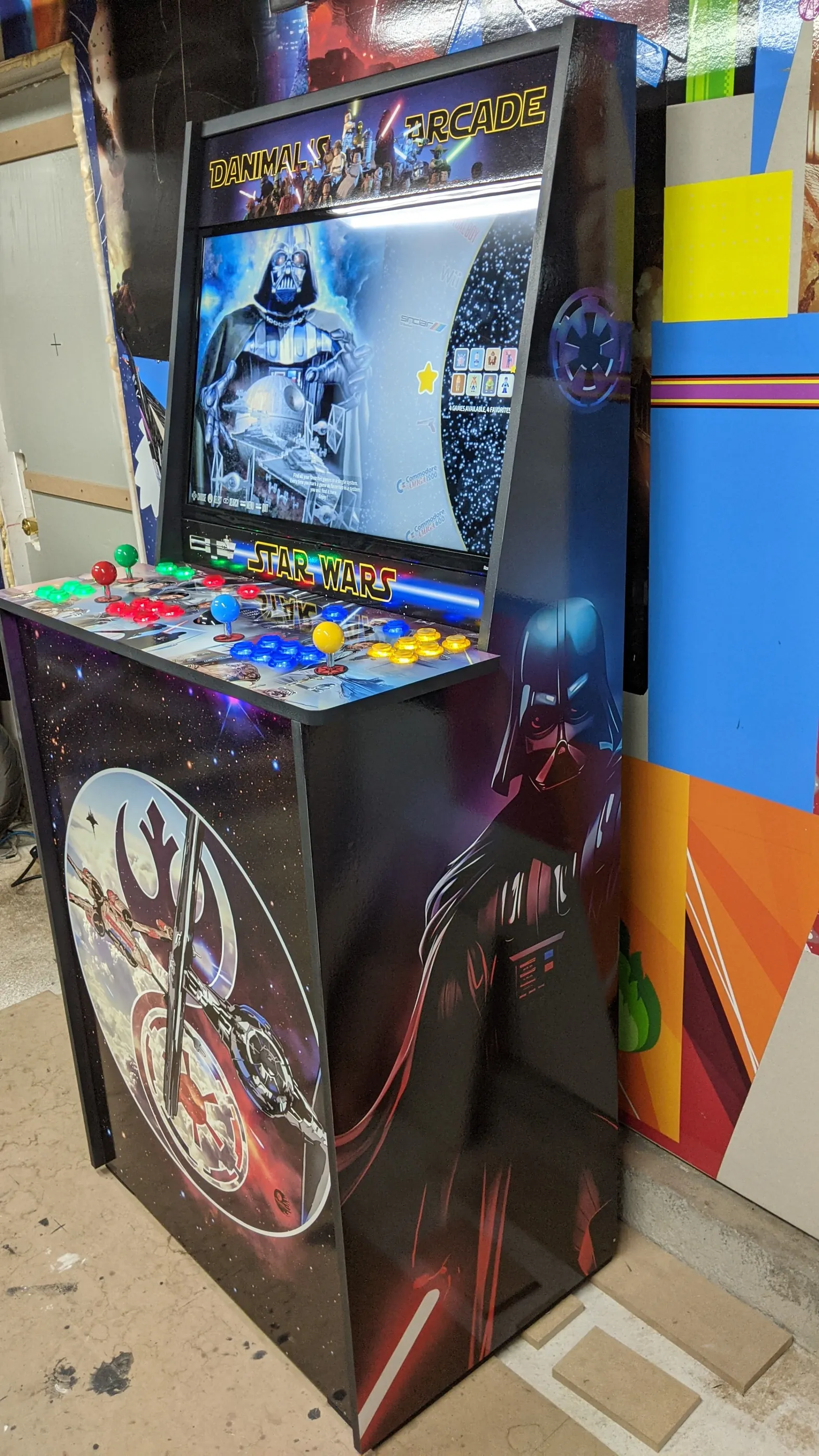 Angled view of the fully wrapped Star Wars arcade cabinet