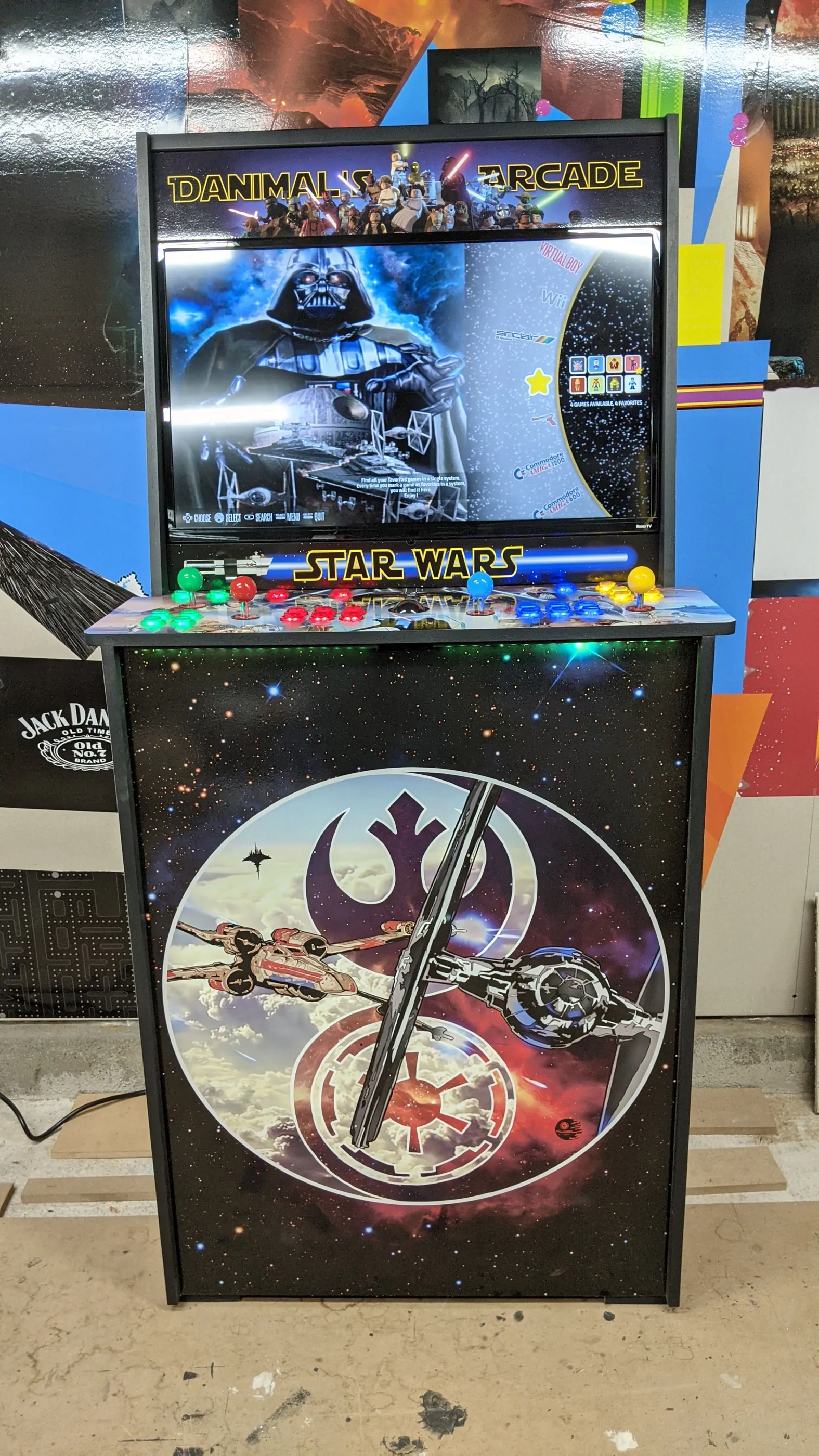 Front view of the Star Wars Go Big or Go Home arcade with custom marquee and space-battle kickplate