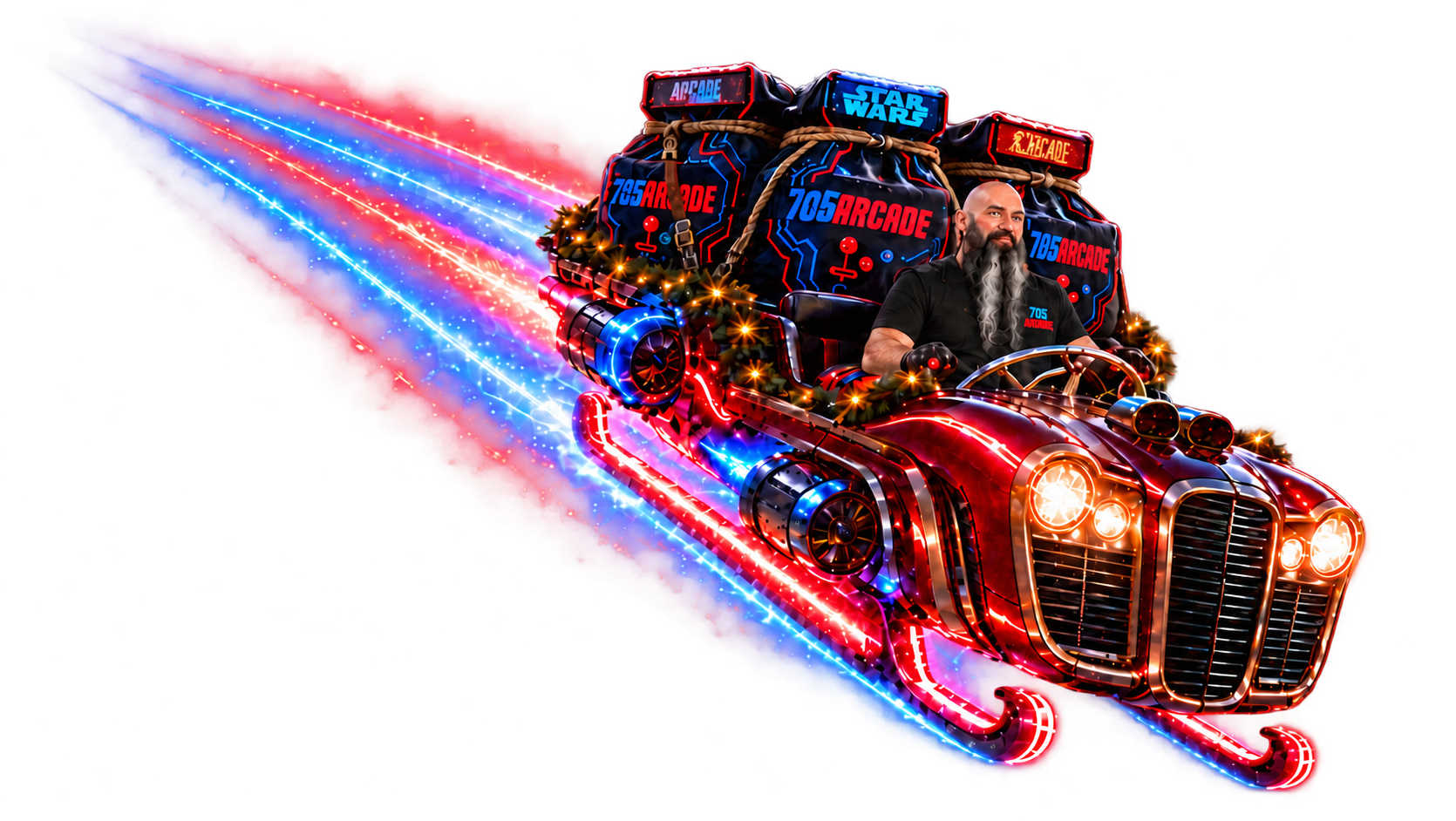 705Arcade builder driving a red hot-rod sleigh with branded arcade delivery bags and glowing red and blue speed trails