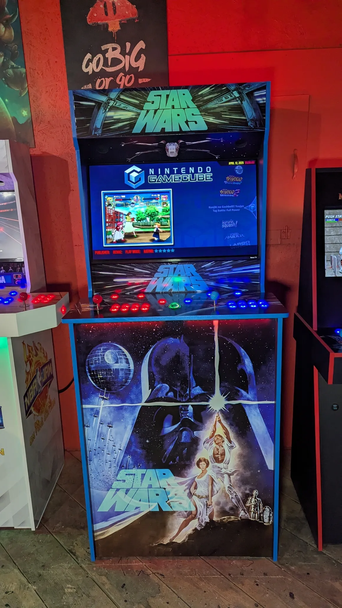 Custom Star Wars arcade machine with themed cabinet artwork and glowing controls