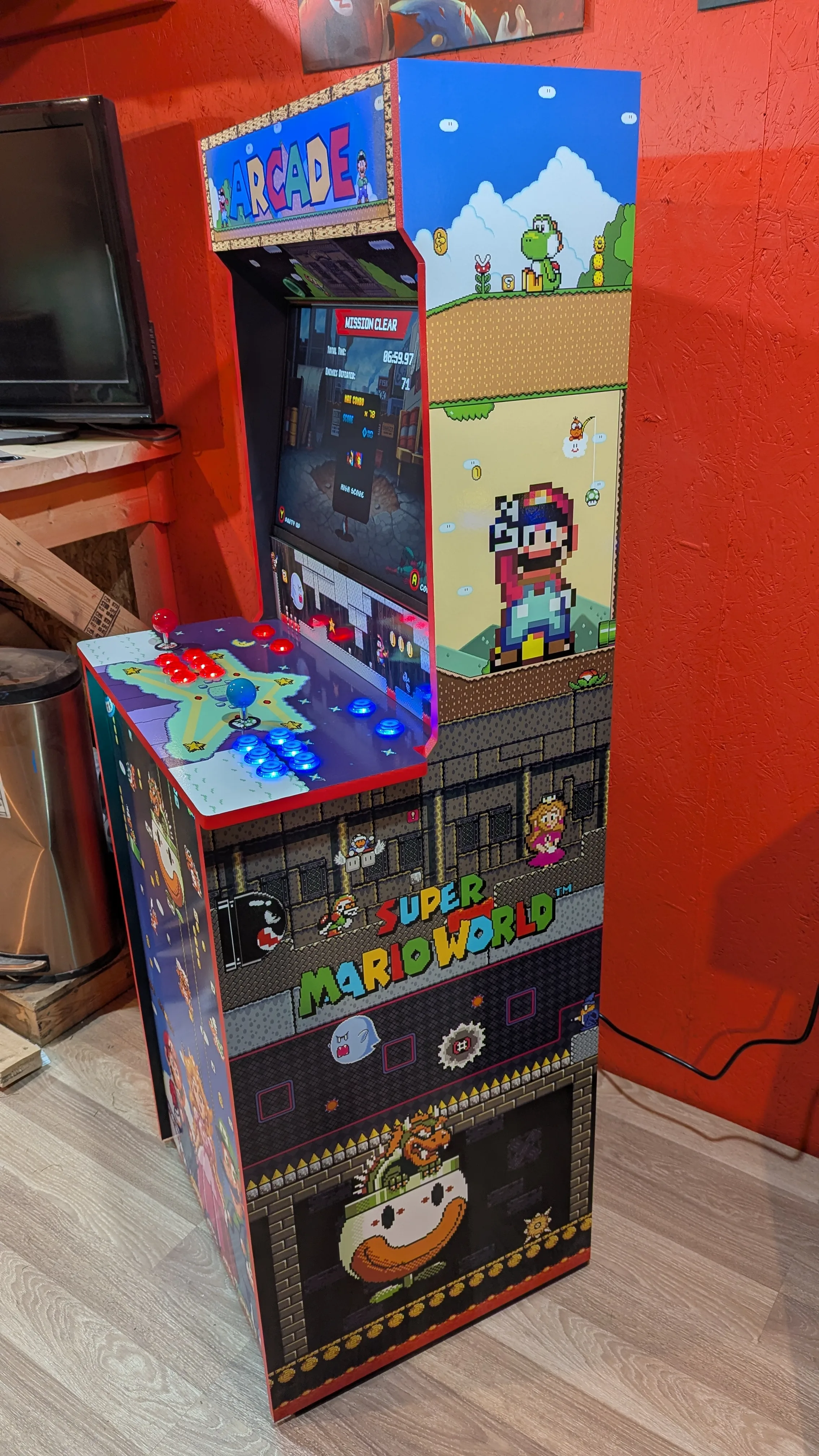 Super Mario World arcade cabinet lighting and custom speaker detail