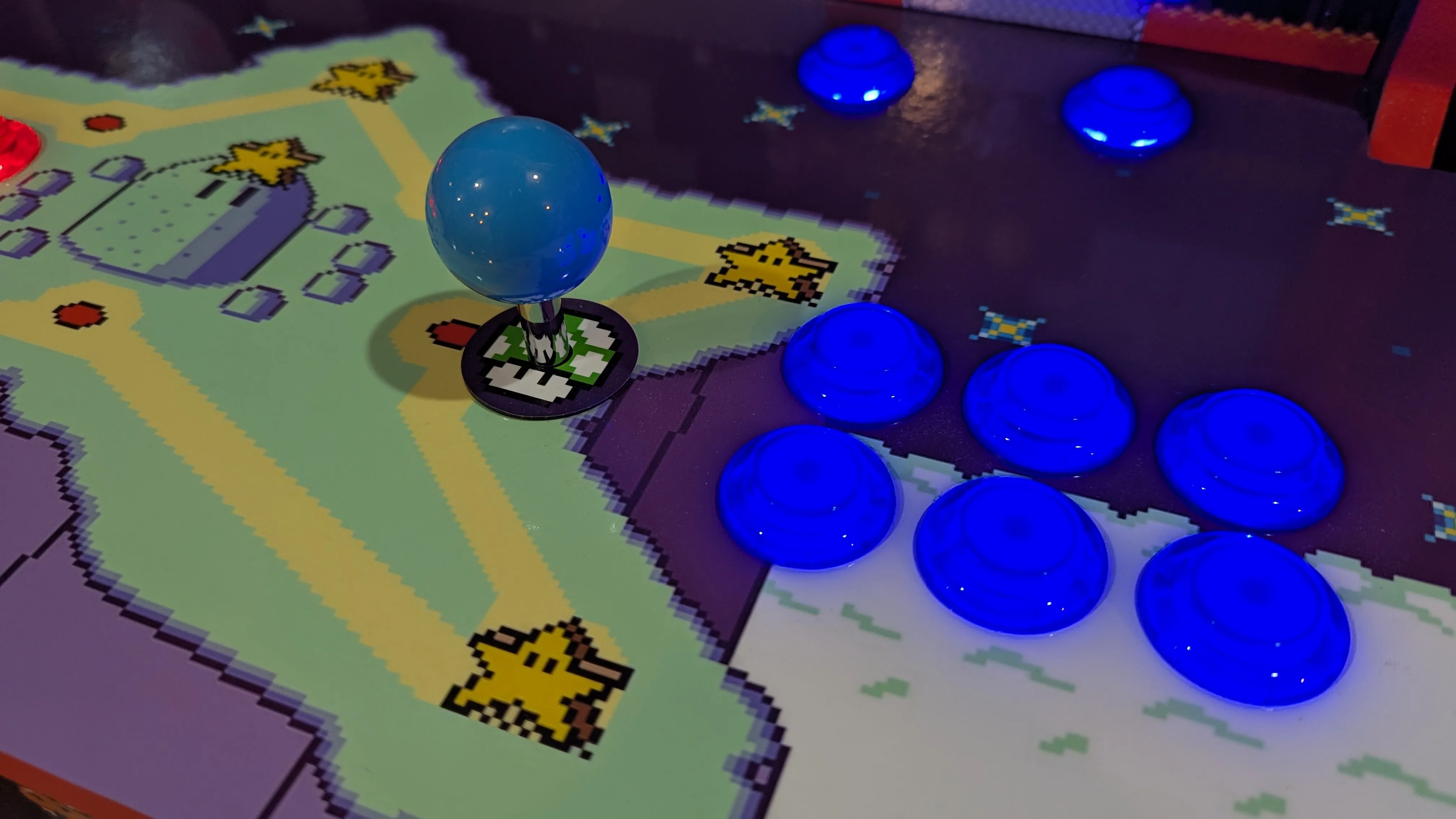 Super Mario World arcade control panel with two player joystick and LED button layout