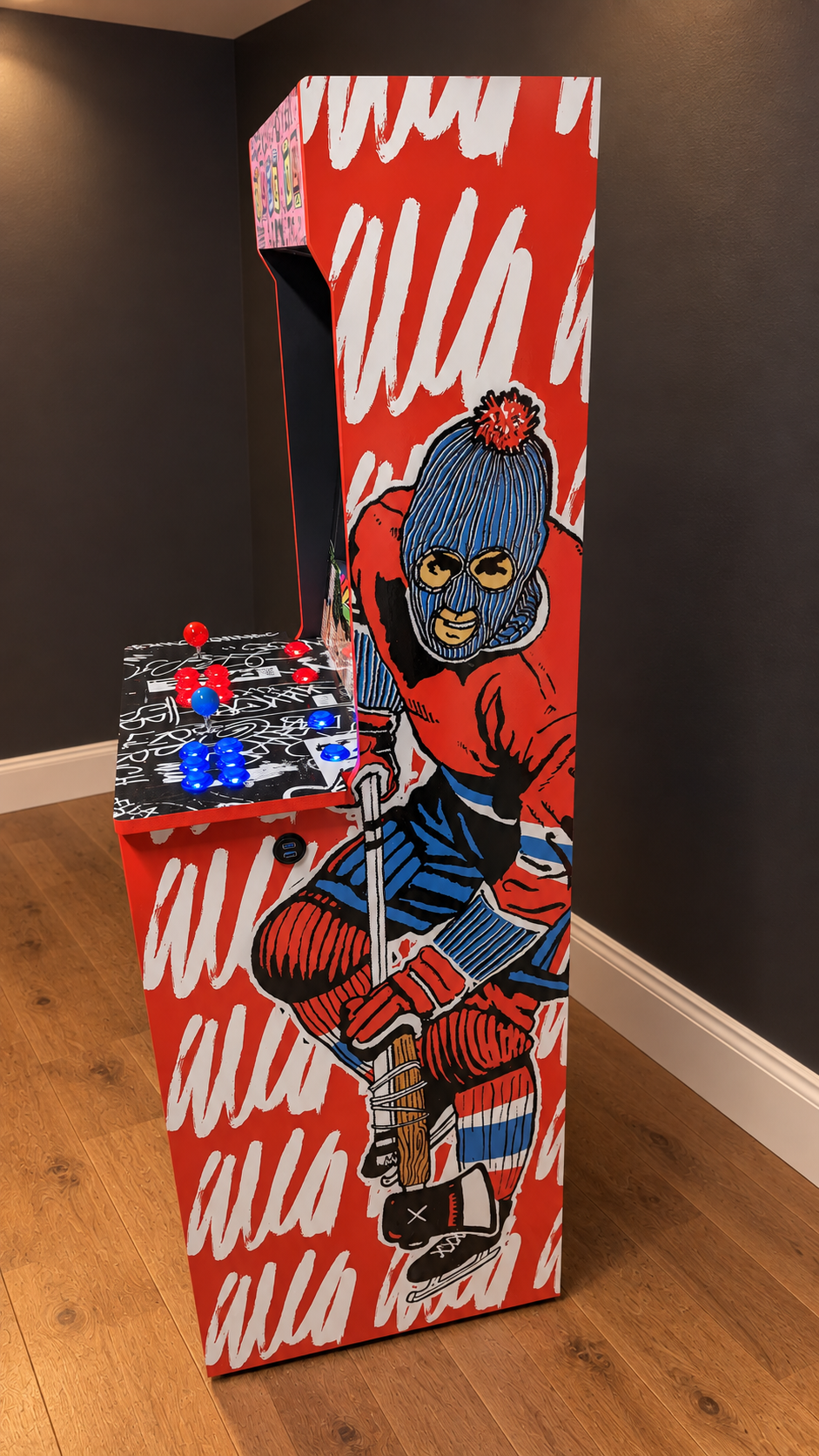 WhatIsAdam arcade right-side hockey artwork and dual USB ports