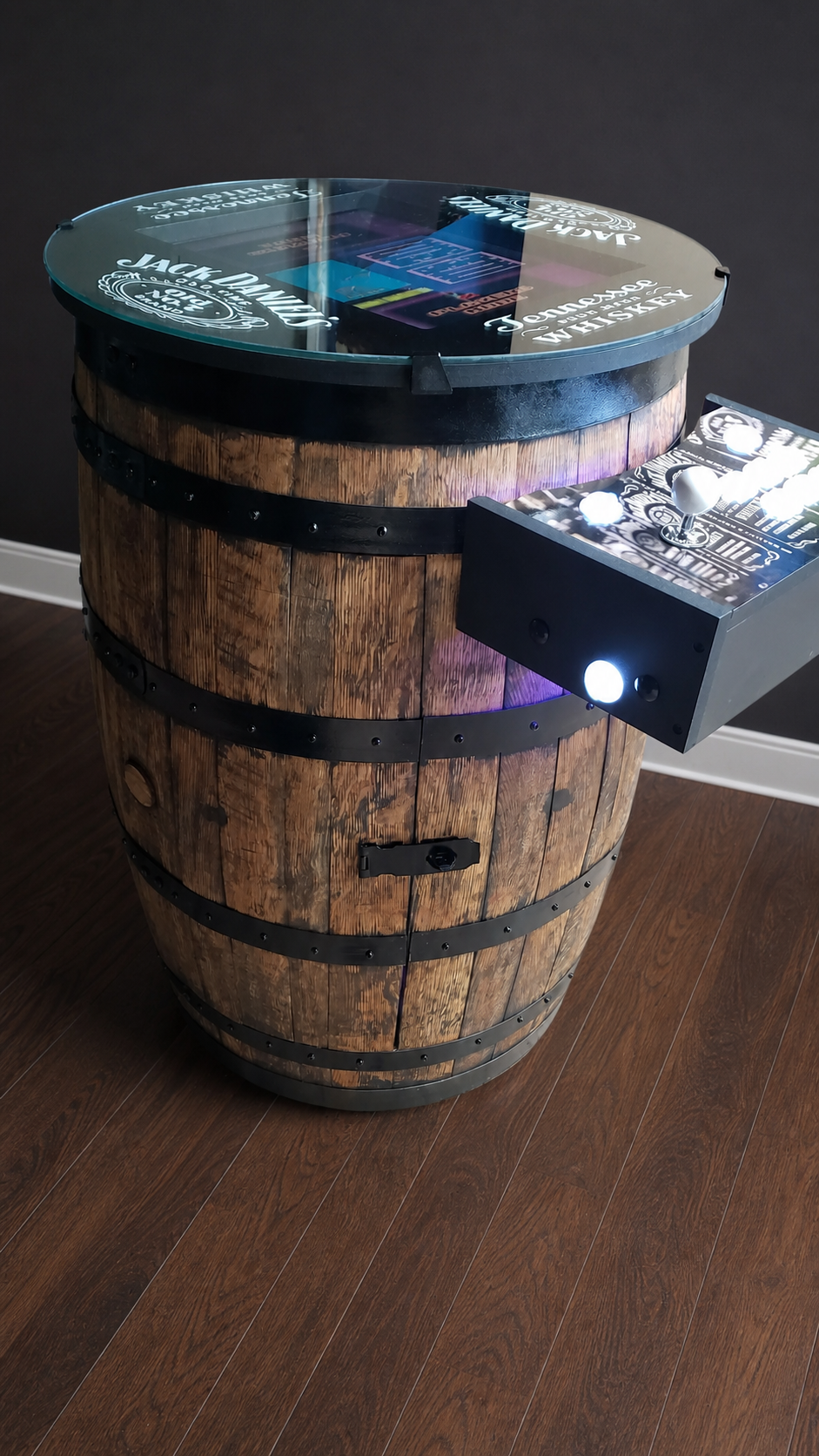 Angled view of the whiskey barrel cocktail table arcade