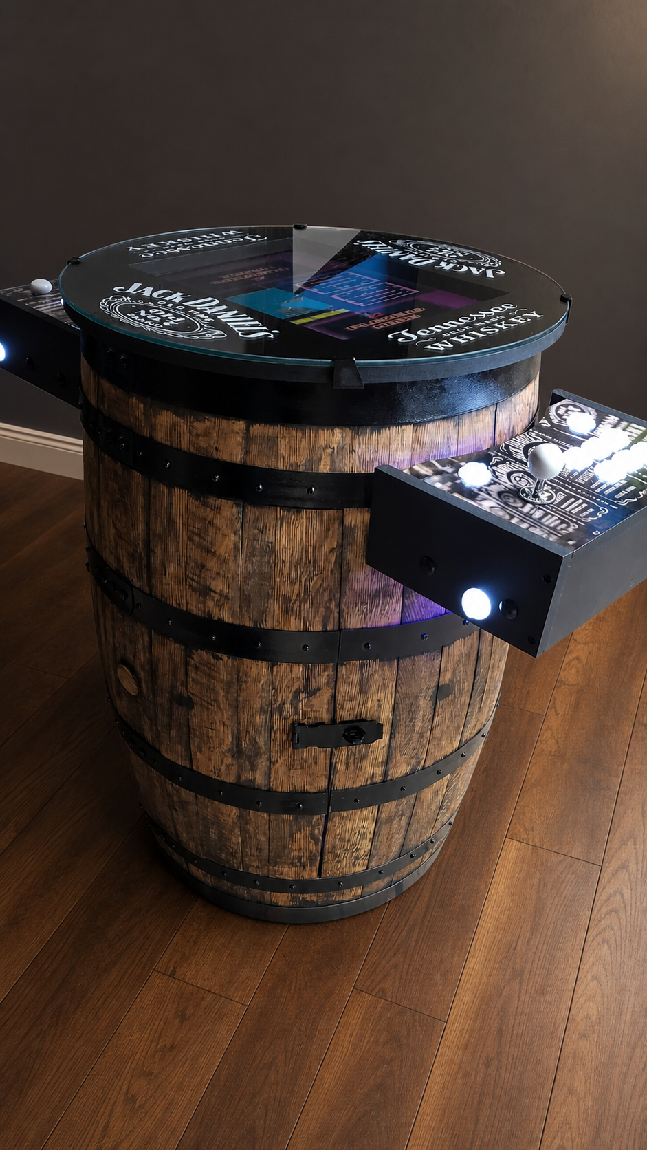 Whiskey barrel arcade with glass tabletop
