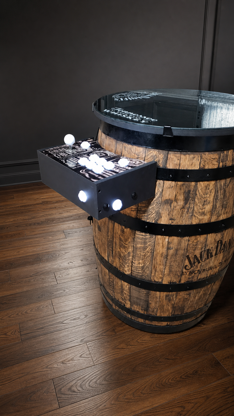 Angled whiskey barrel arcade and control deck