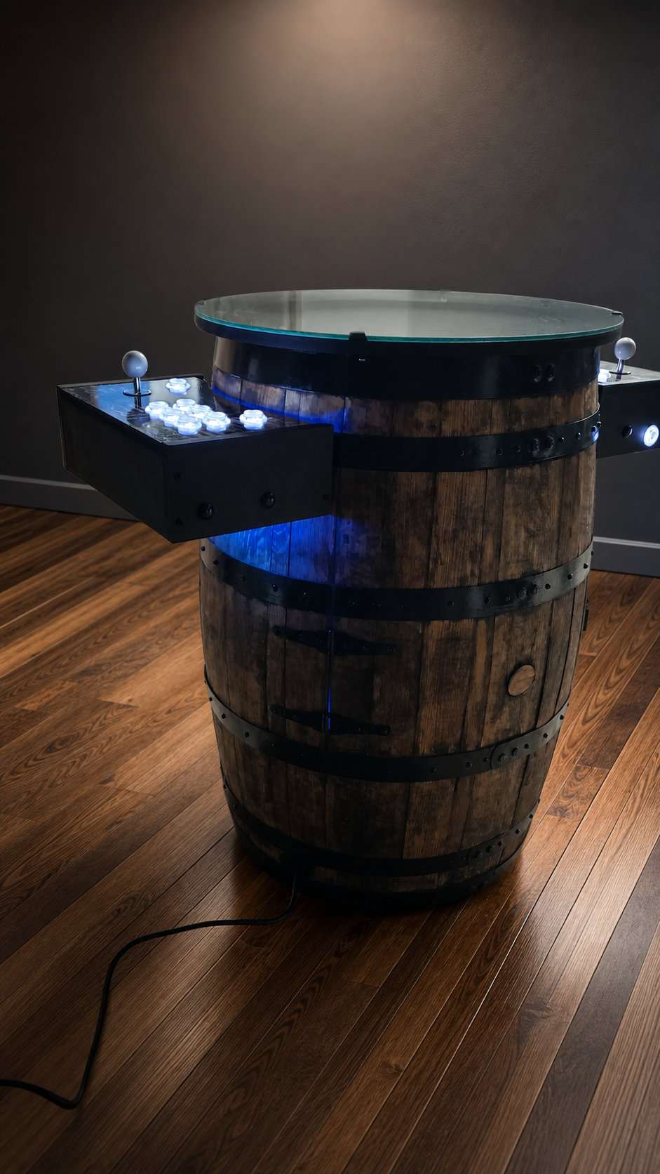 Whiskey barrel arcade with tabletop controls
