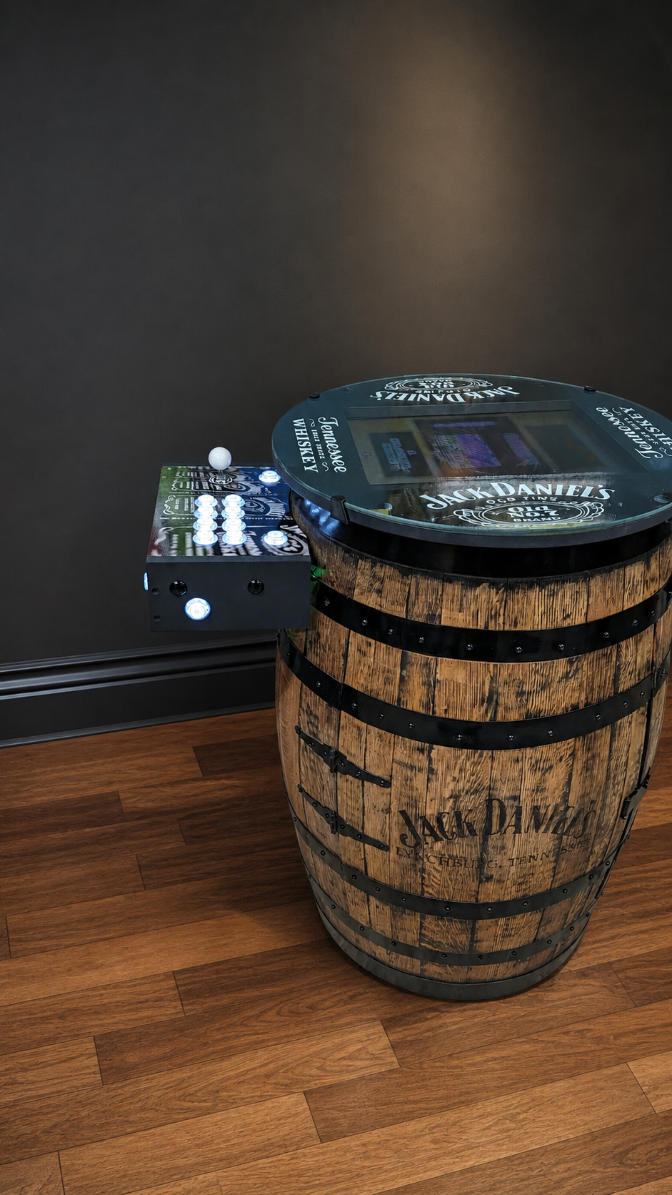 Whiskey barrel arcade angled view