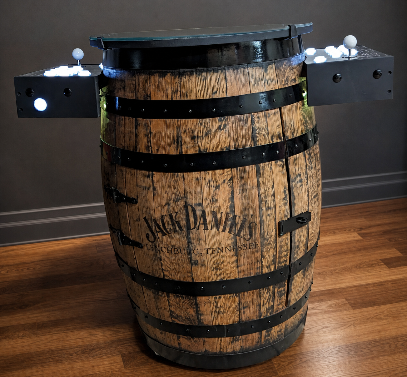Whiskey barrel arcade front view with controller panels