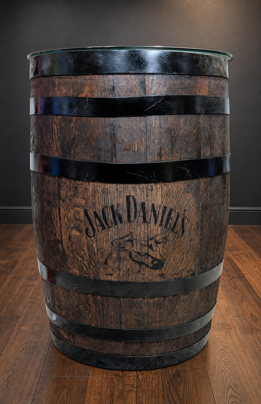 Jack Daniel's lettering on the custom whiskey barrel arcade