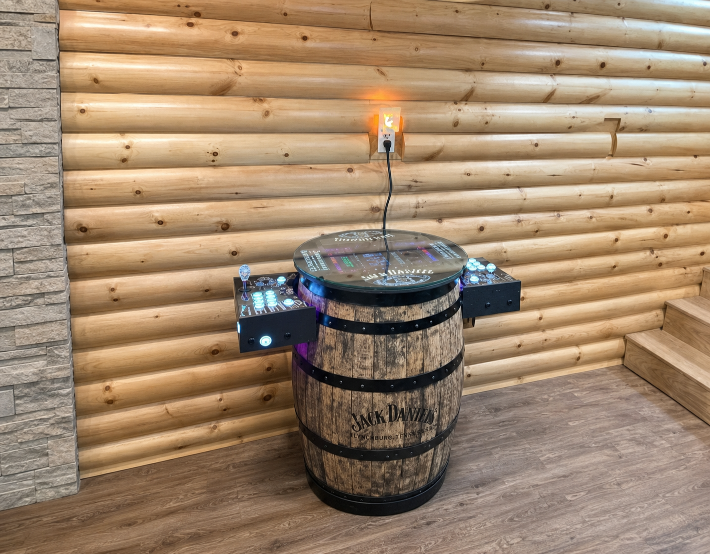 Jack Daniel's whiskey barrel cocktail table arcade in a finished room, without people